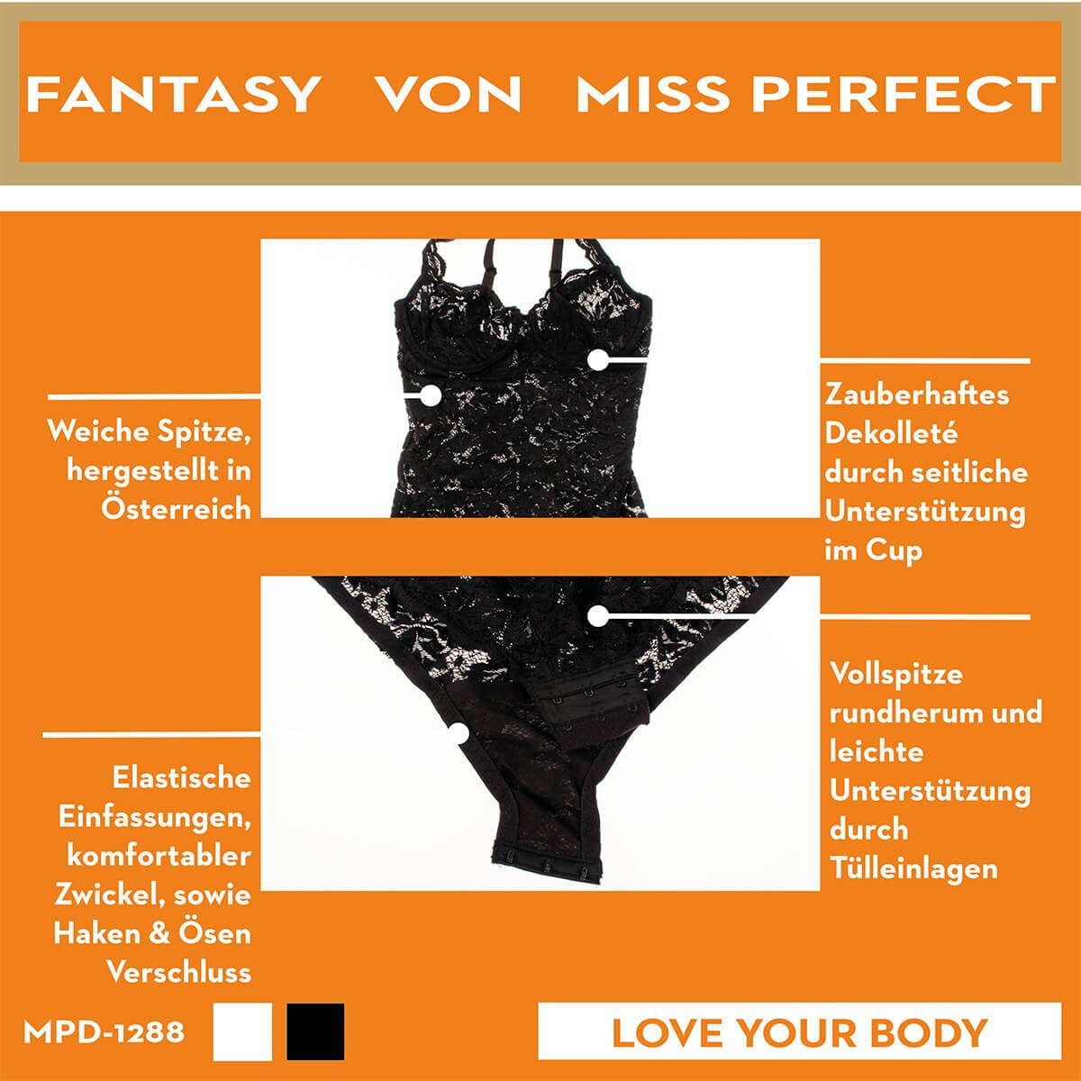 Miss Perfect Body 1288 Figurformender Bügelbody mit sehr weicher und elastischer Spitze