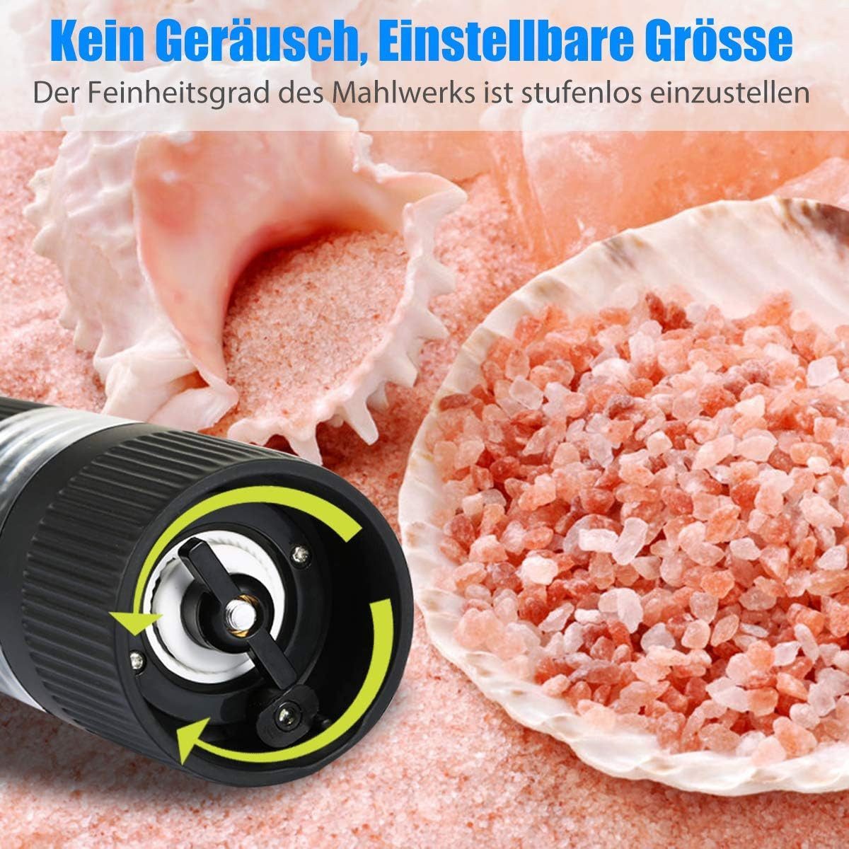 feinlux Grinder Pfeffermühle elektrisch, Batteriebetriebenen Gewürzmühle, Batterien, LED-Licht und Einstellbarer Grobheit, (2 Stück)