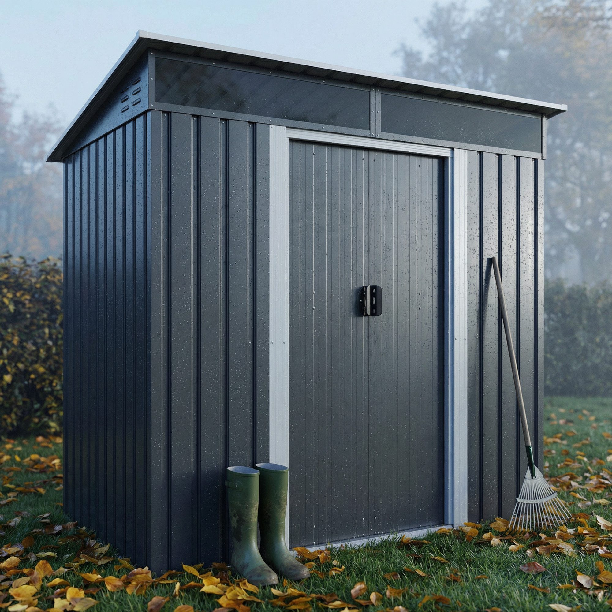 GUNJI Gerätehaus Metall Geräteschuppen Inkl. Stahlfundament, Gartenhaus mit Pultdach, M: 1,8m x 1,1m, L: 2.3m x 2m, XL: 2.4m x 3m, Doppelschiebetür