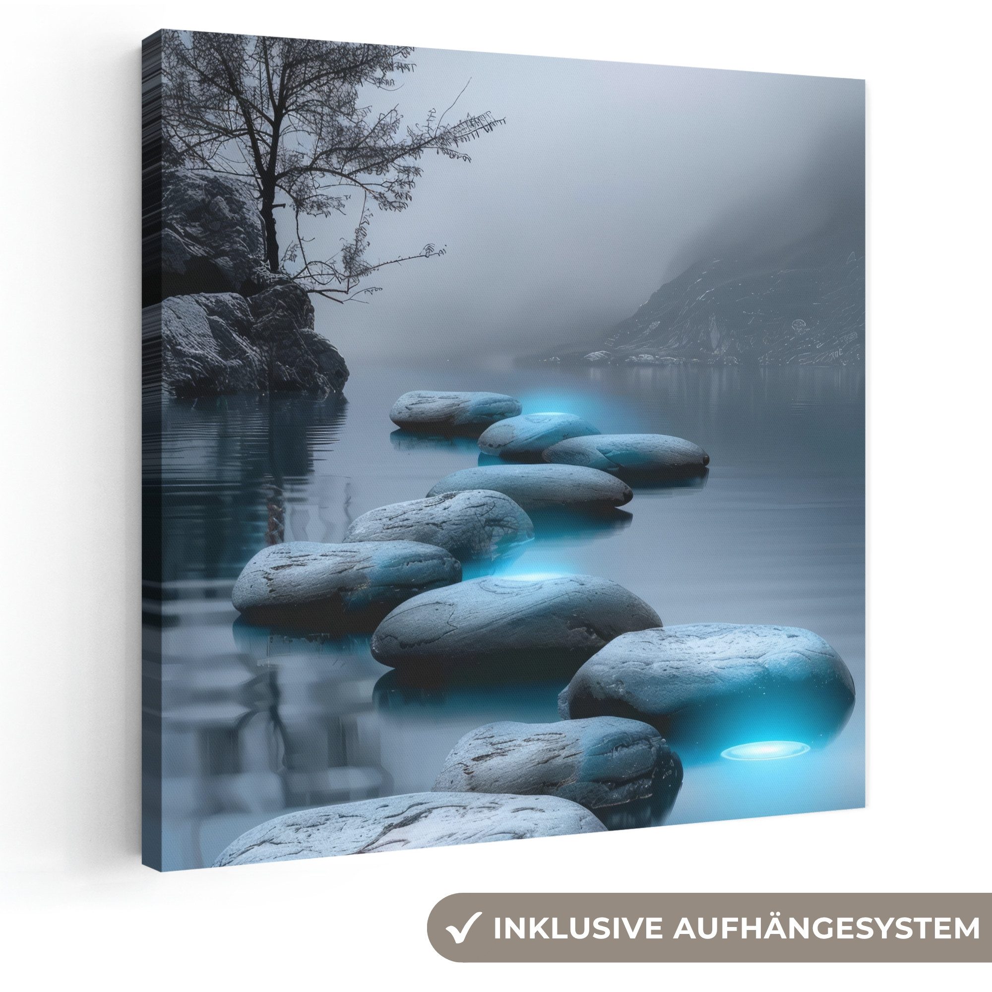 OneMillionCanvasses® Leinwandbild Steine - Wasser - Bäume - Natur, Fotodruck (1 St), Wandbild, Deko Schlafzimmer Wohnzimmer Flur 20x20 cm