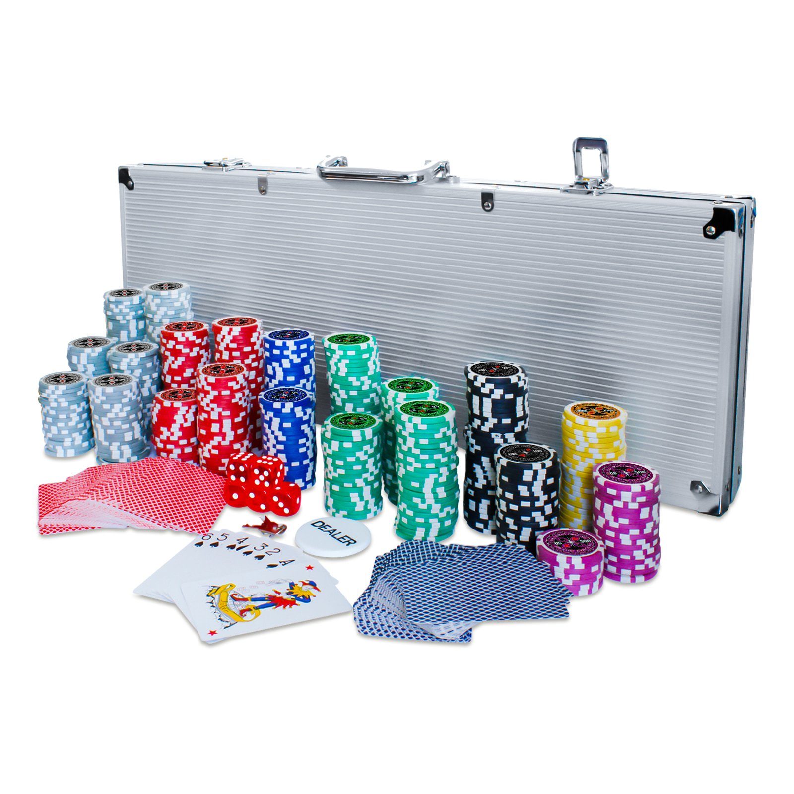 EAXUS Spielesammlung Deluxe Pokerkoffer - Profi Pokerset 500 Chips, Kartendecks & Würfel, Poker, Kartenspiel
