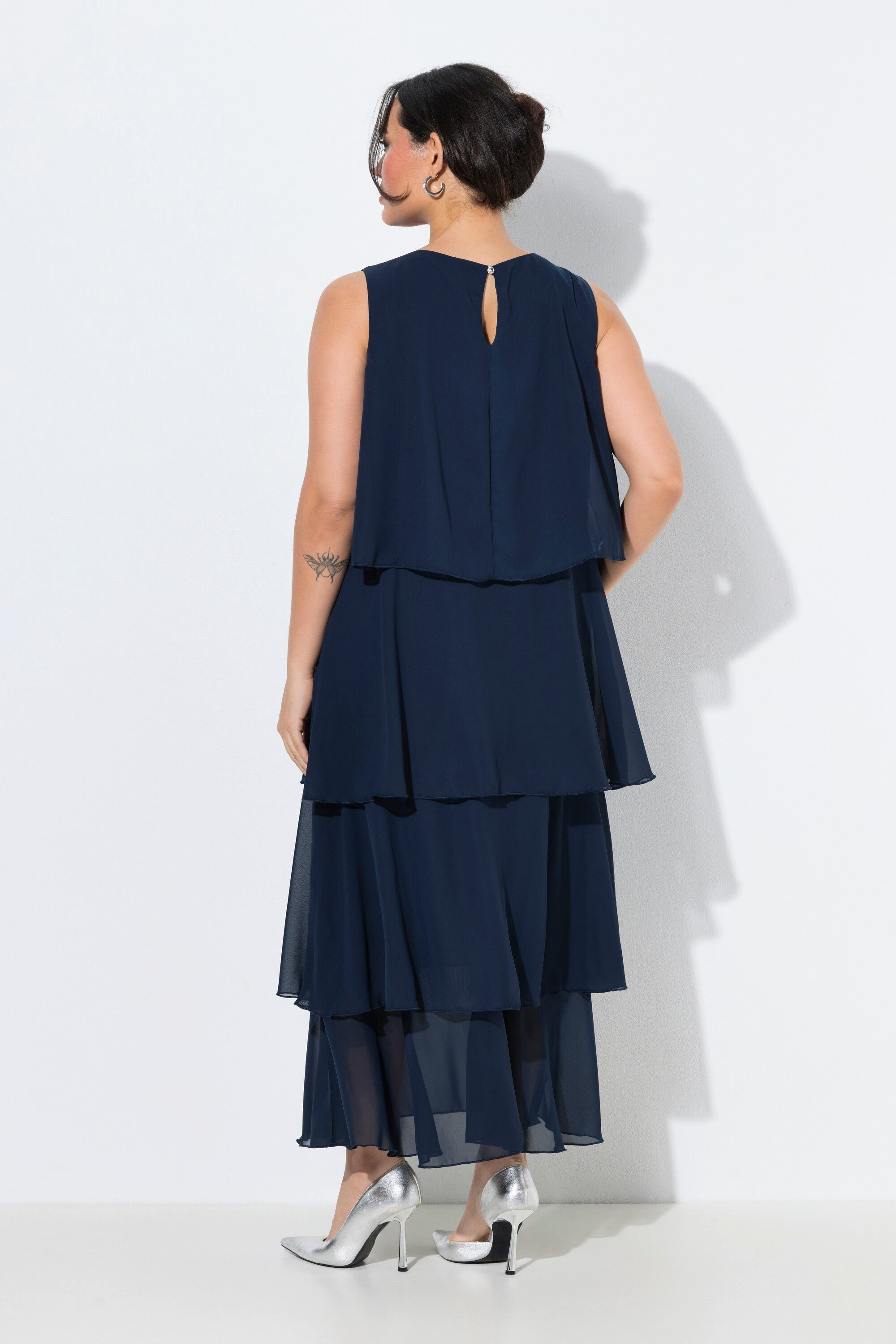 Ulla Popken Cocktailkleid Chiffon-Maxikleid Volants U-Boot-Ausschnitt