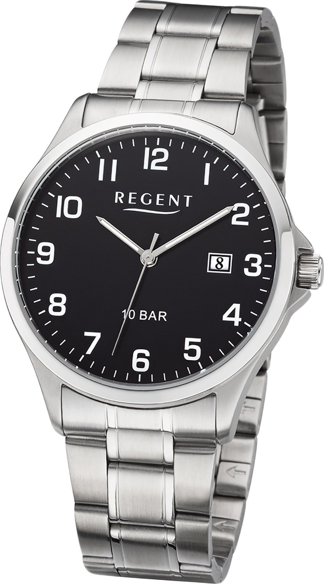 Regent Herren Analog, Gehäuse, Regent Metall Metallarmband F-1191 silber, Herrenuhr mittel (ca. 39mm) rundes Quarzuhr Uhr