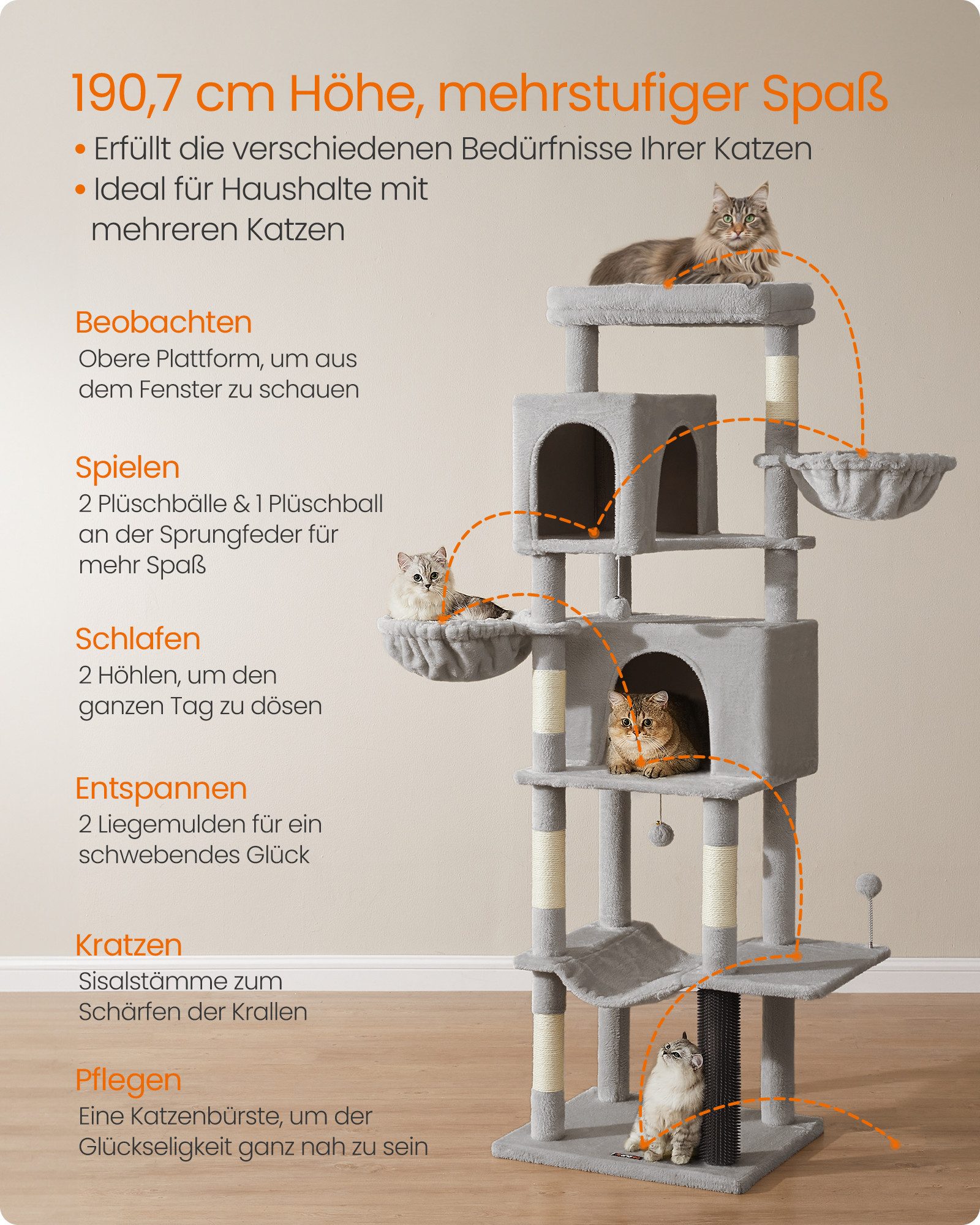 FEANDREA Kratzbaum mehrstöckiger Katzenbaum mit 2 Höhlen, 2 Liegemulden, 5 Kratzsäulen, groß, 190 cm hoch, XXL, Katzenbürste, große Plattform