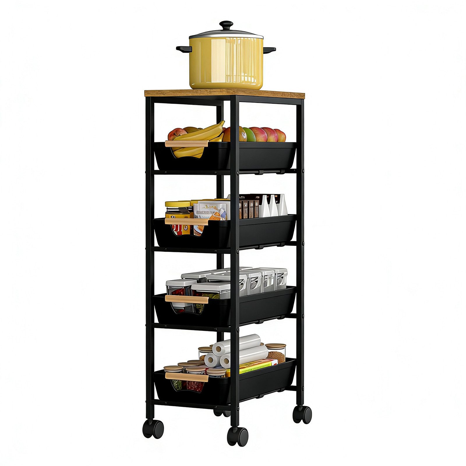 PFCTART Küchenwagen Schmaler Küchenwagen mit Schubladen & Körben, 38×32×81,5 cm, (Set, 1 St., Ideal für Küche, Bad, Waschküche & kleine Räume), Rollwagen mit Holzplatte & Drahtkörben – kompakt, mobil & stabil