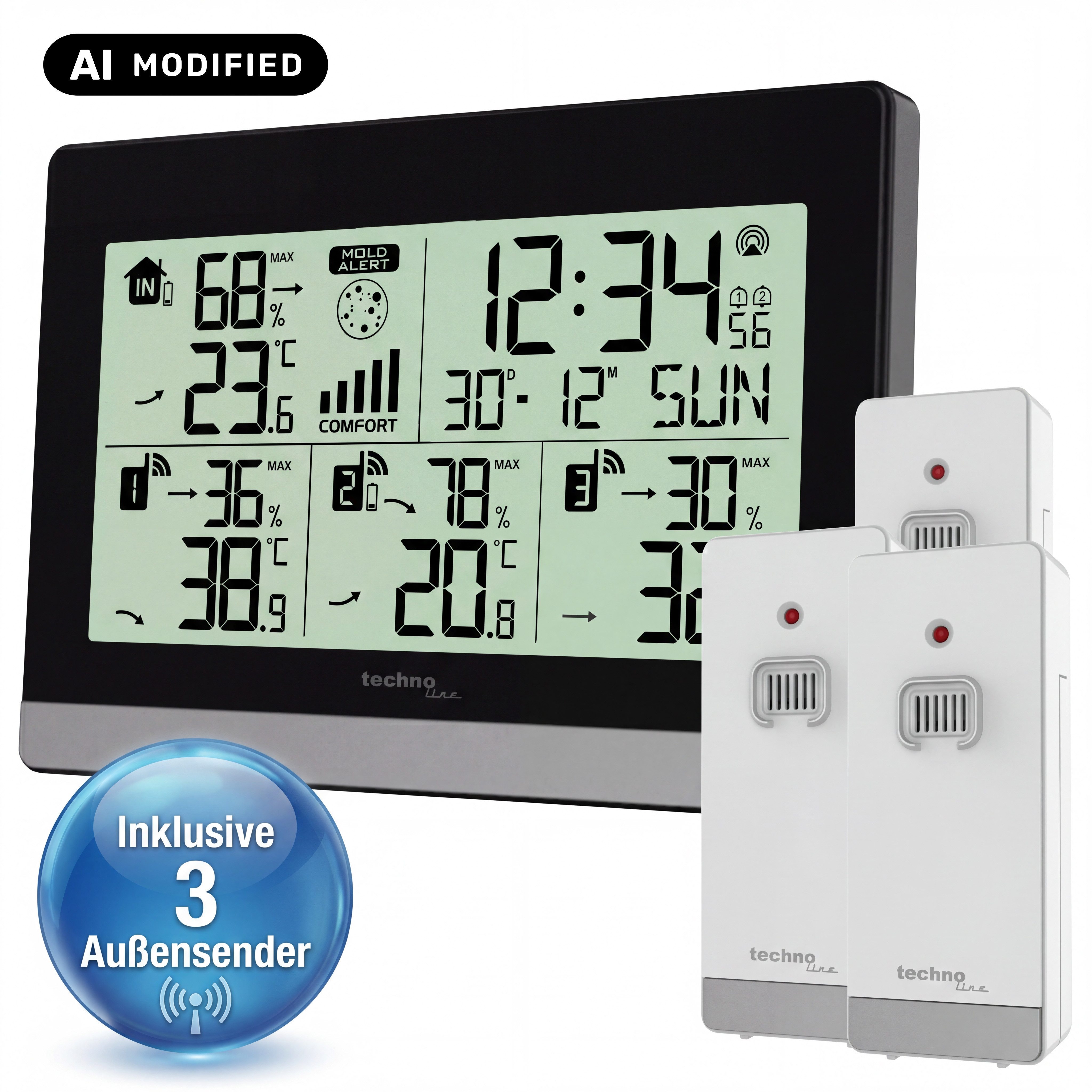 technoline Raumthermometer WS 7065, Klimastation inkl. 3 Thermo-Hygro-Sensoren & Schimmel- und Frostalarm