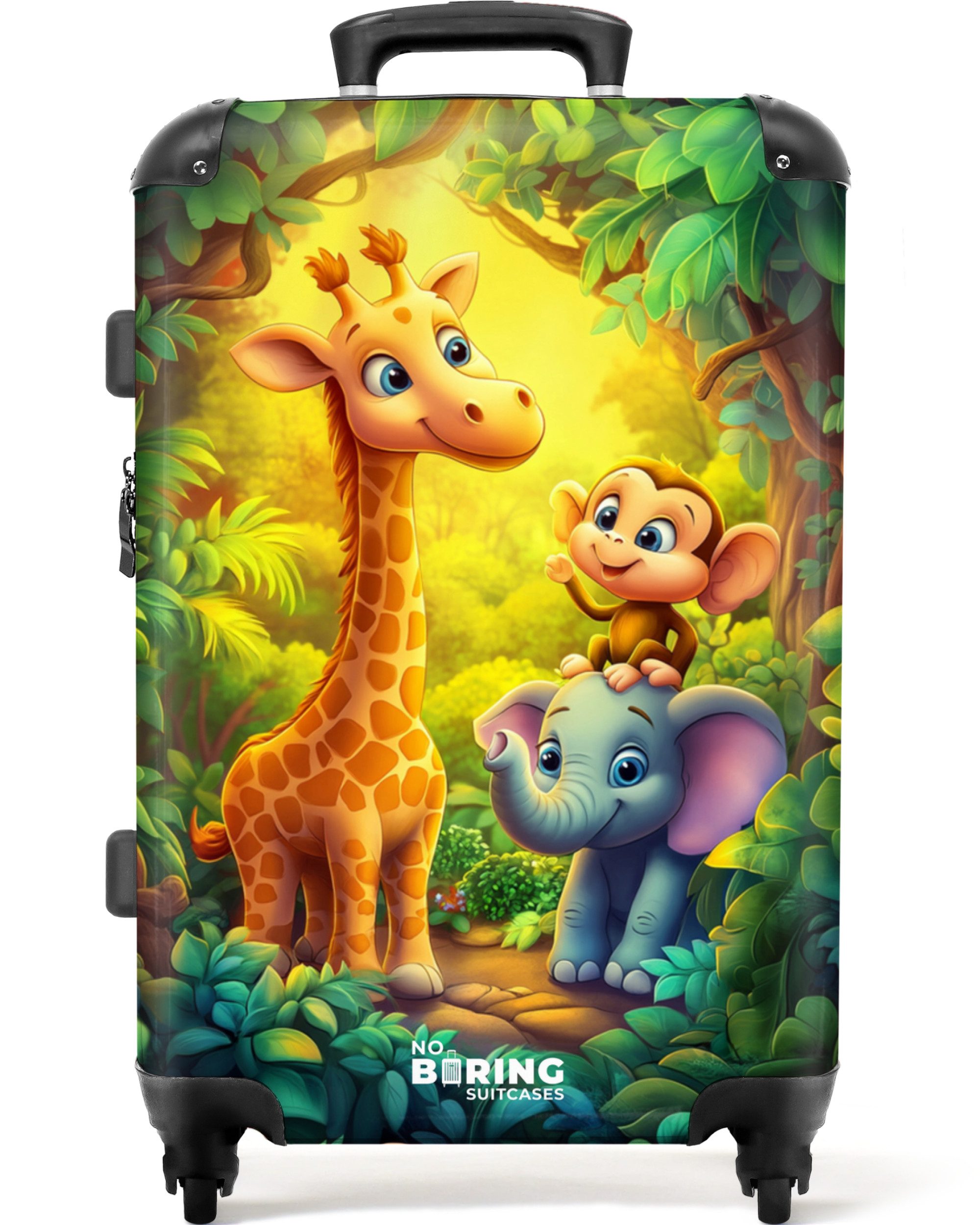 NoBoringSuitcases.com© Kinderkoffer Giraffe, Elefant und Affe im Wald 67 cm - 72 L, Mittelgroßer Reisetasche mit Rollen für 20kg, Kinderkoffer