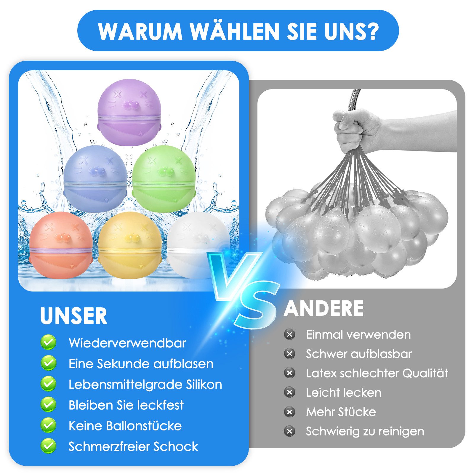 BlingBin Wasserball Wiederverwendbar,Silikon Wasserbomben Selbstschließend magnetische (6er Set, 6-St., (L x B x H): 7,2 x 7,2 x 7,2 cm), für Kinder & Erwachsene, Wasserspielzeuge für Sommer Schlachtspaß