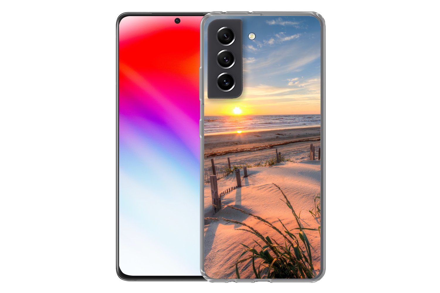 MuchoWow Handyhülle für Samsung Galaxy S21 FE Strand - Meer - Düne - Sonnenuntergang - Lan, Phone Case, Silikon, Schutzhülle Dünn