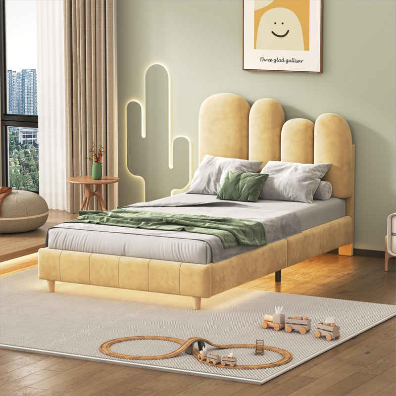 REDOM Polsterbett Kinderbett, mit Unterbett-LED-Lichtleiste in warmem Gelb, Samt (90x200 cm, Daumenform Kopfteil, mit Holzlatten 90x200 cm), ohne Matratze