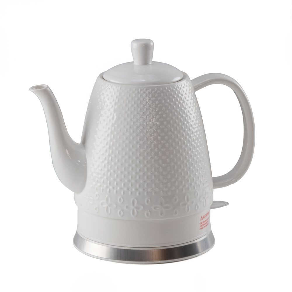 KVOTA Wasserkocher elektrisch aus Keramik, 1,5 Liter,weiß, Design Sakura, Schwanenhals., 1.5 l, 1500 W, Schwanenhals, Keramik