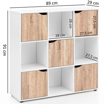 Wohnling Standregal WL5.526, 89x91x29 cm, Bücherregal mit 9 Fächern Sonoma Weiß, Sideboard mit 5 Türen, Würfelregal Raumteiler