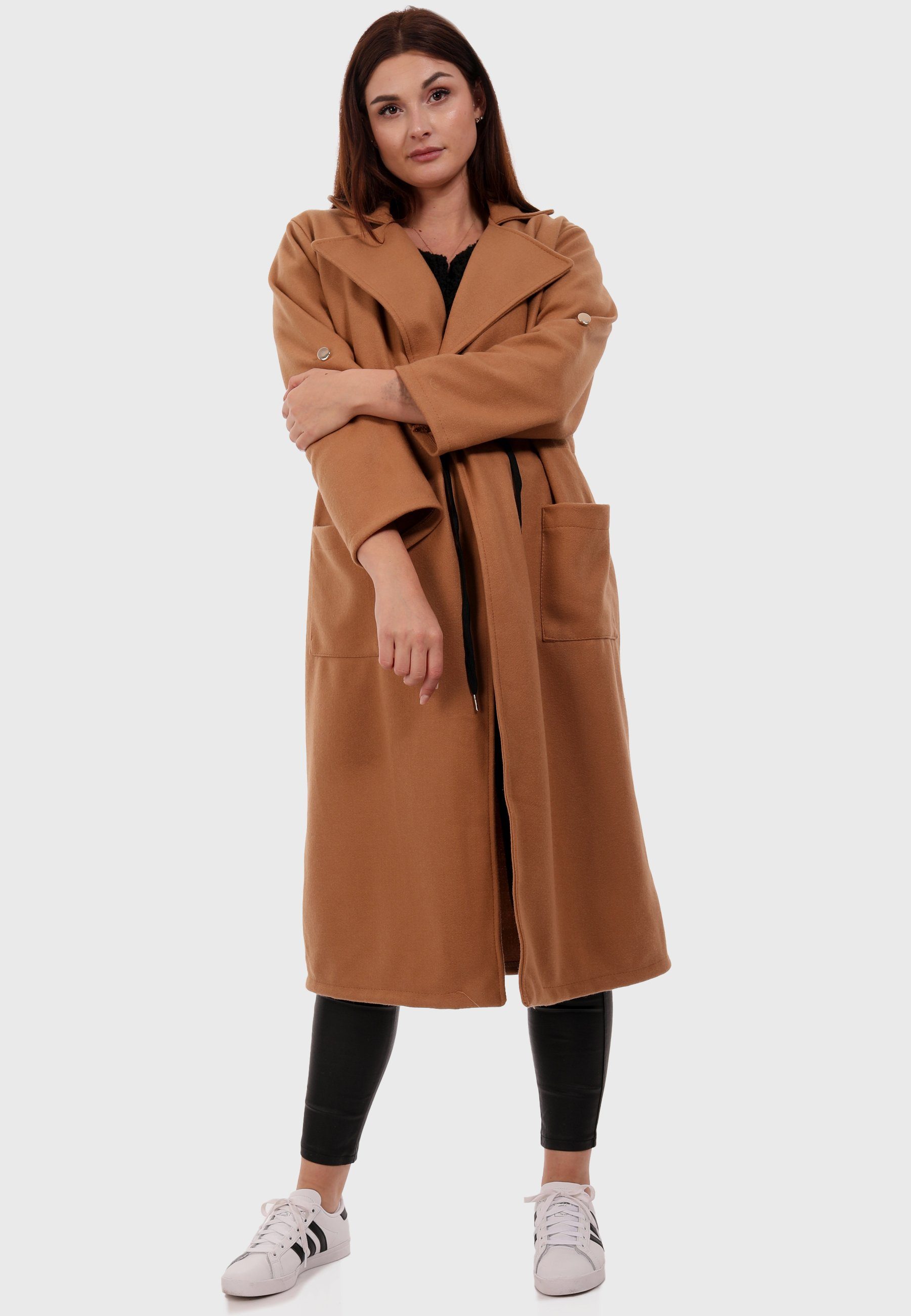 Damen Mäntel YC Fashion & Style Langmantel Mantel mit Kordelzug und Wasserfallkragen Elegant Sportliche Trenchcoat One Size (1-t