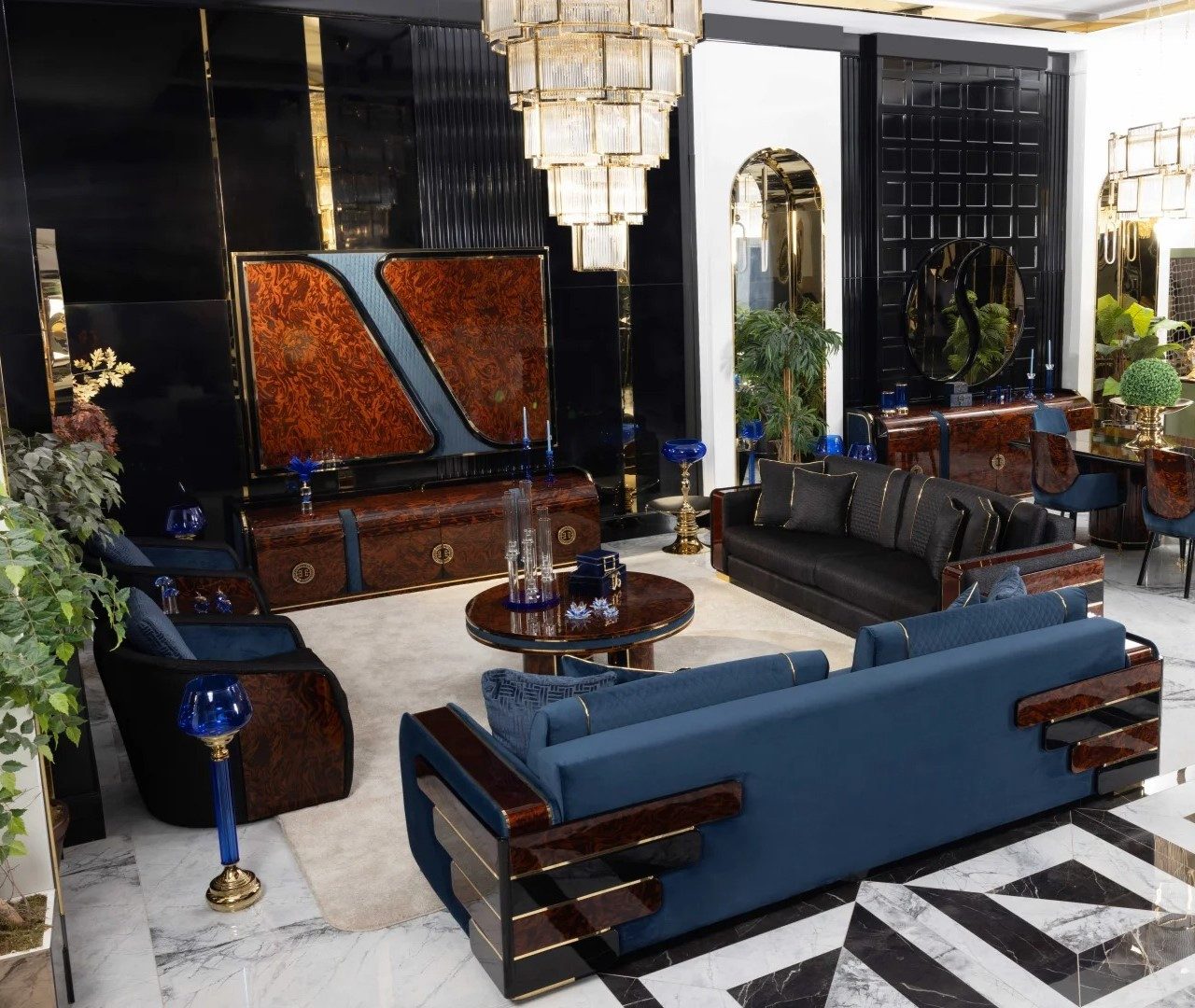 JVmoebel Polstergarnitur JVMoebel Wohnzimmer-Set in Braun-Blau mit Sofa und Sessel, (Set, 6-tlg)