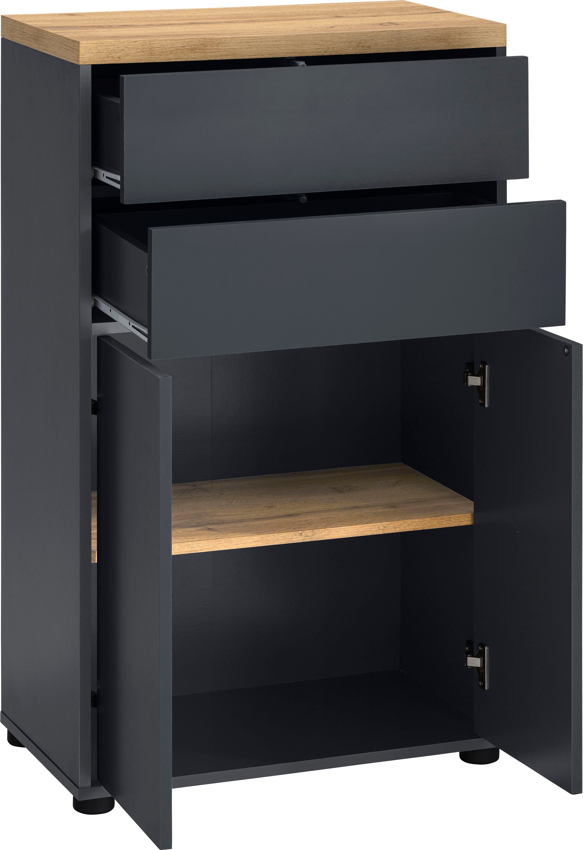 Places of Style Midischrank Thessa 2 anthrazit/wotan mit 2 anthrazit BxH: x | Türen, eiche Einlegeboden, Schubkästen und cm 60 101,5