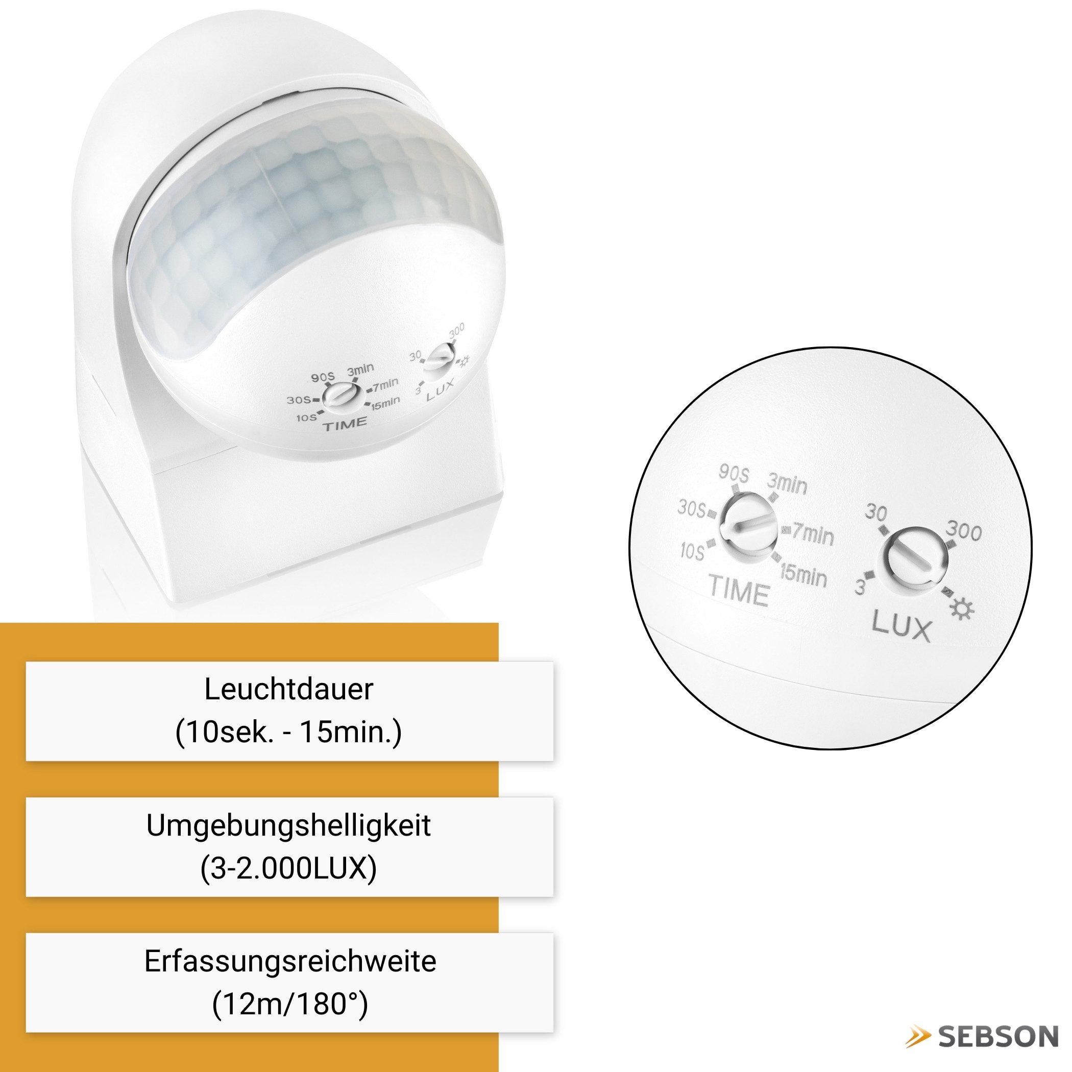 SEBSON Bewegungsmelder Infrarot Sensor Außen IP44 Aufputz Wand - Reichweite 12m 180° Winkel, (1-St), Wandmontage, schwenkbar, programmierbar, LED geeignet 400W, 3 Draht