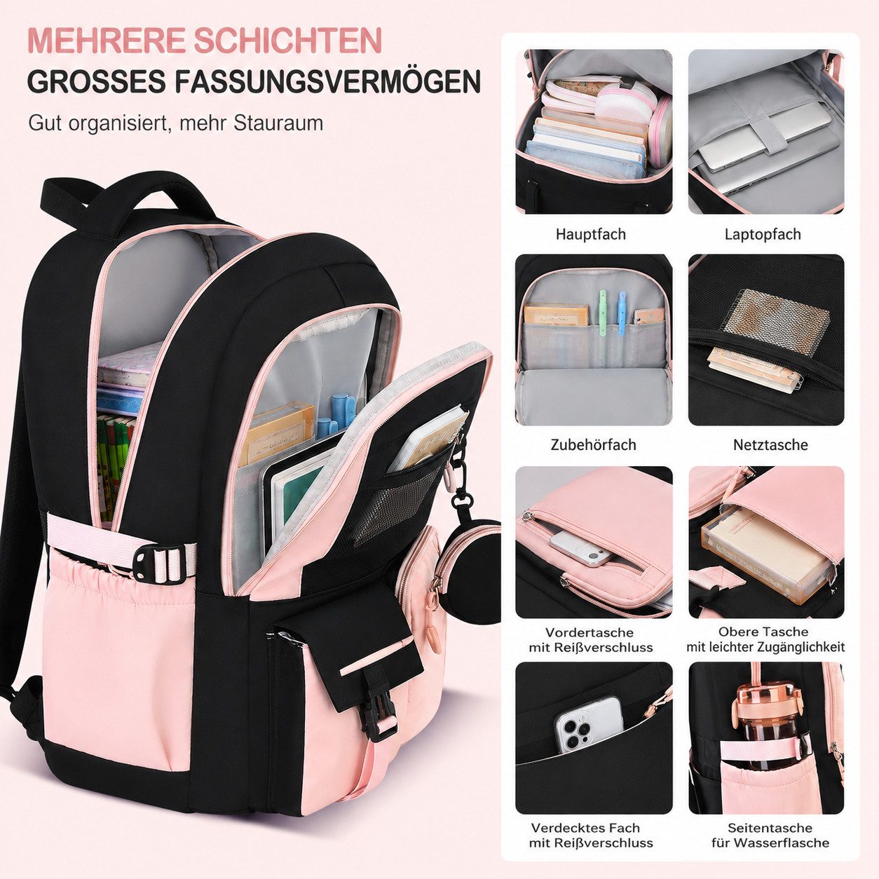MOPUEA Schulrucksack Schulrucksack-Set Schultasche Teenager Turnbeutel (3-tlg., mit isolierter Lunchtasche, abnehmbarem Münzbeutel & Federmappe), Süße Schultasc – Bild 2 von 5