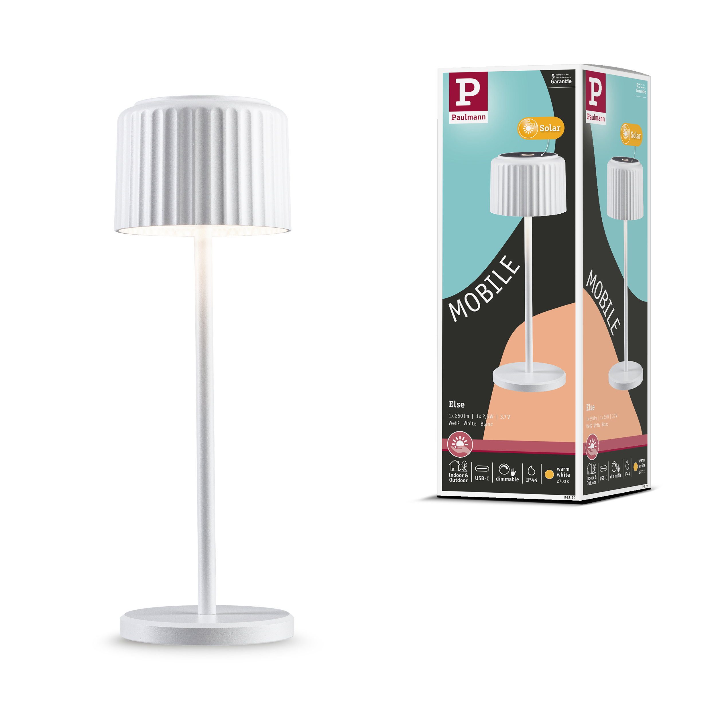 Paulmann LED Wandleuchte Solar Akkuleuchte Else IP44 dimmbar 2700K Weiß