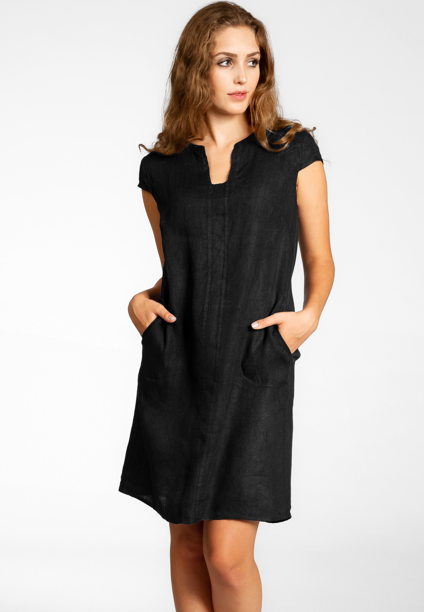 Caspar Sommerkleid Caspar SKL036 Damen Sommer Leinenkleid mit ausgefallenem Ausschnitt Luftig leicht, figurumspielende Form, mit seitlichem Jersey-Einsatz
