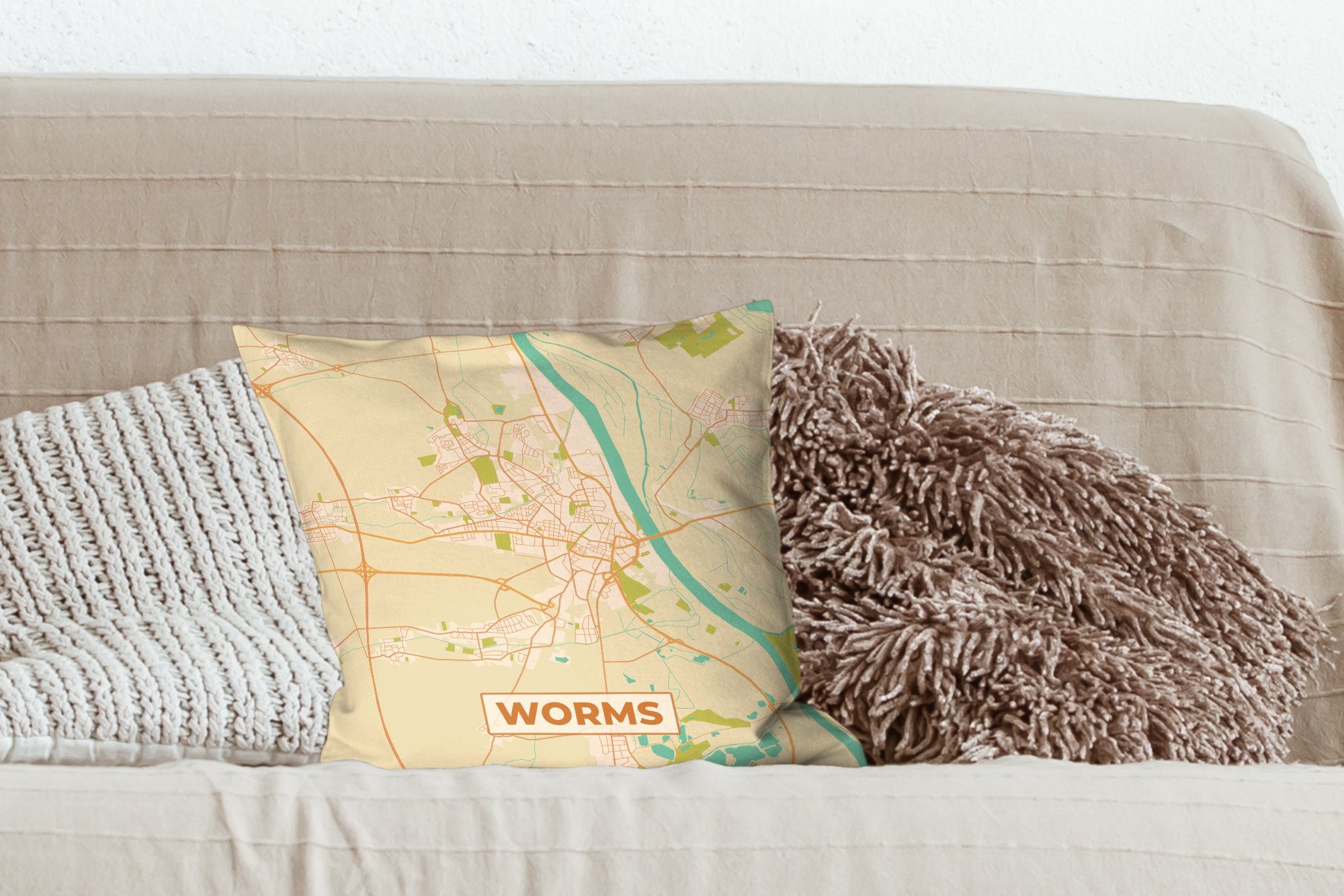 für - - mit Füllung Karte Sofakissen Zierkissen Schlafzimmer, Deko, Stadtplan, Wohzimmer, Vintage Worms - Dekokissen MuchoWow