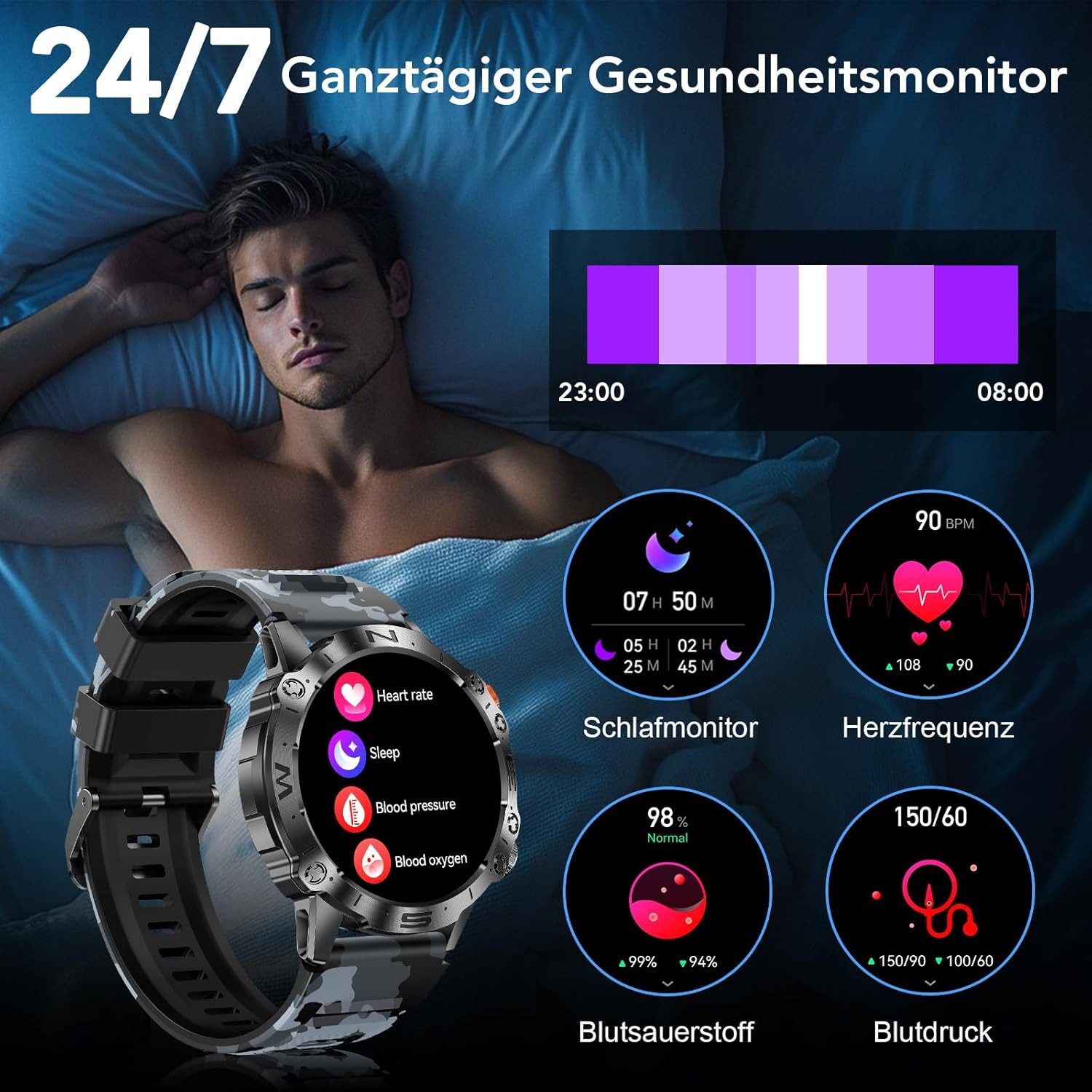 MEGALITH smartwatch men K59 Smartwatch (3,6 cm, android ios), Robuste Herren Smartwatch mit AMOLED Display und 3 Armbändern