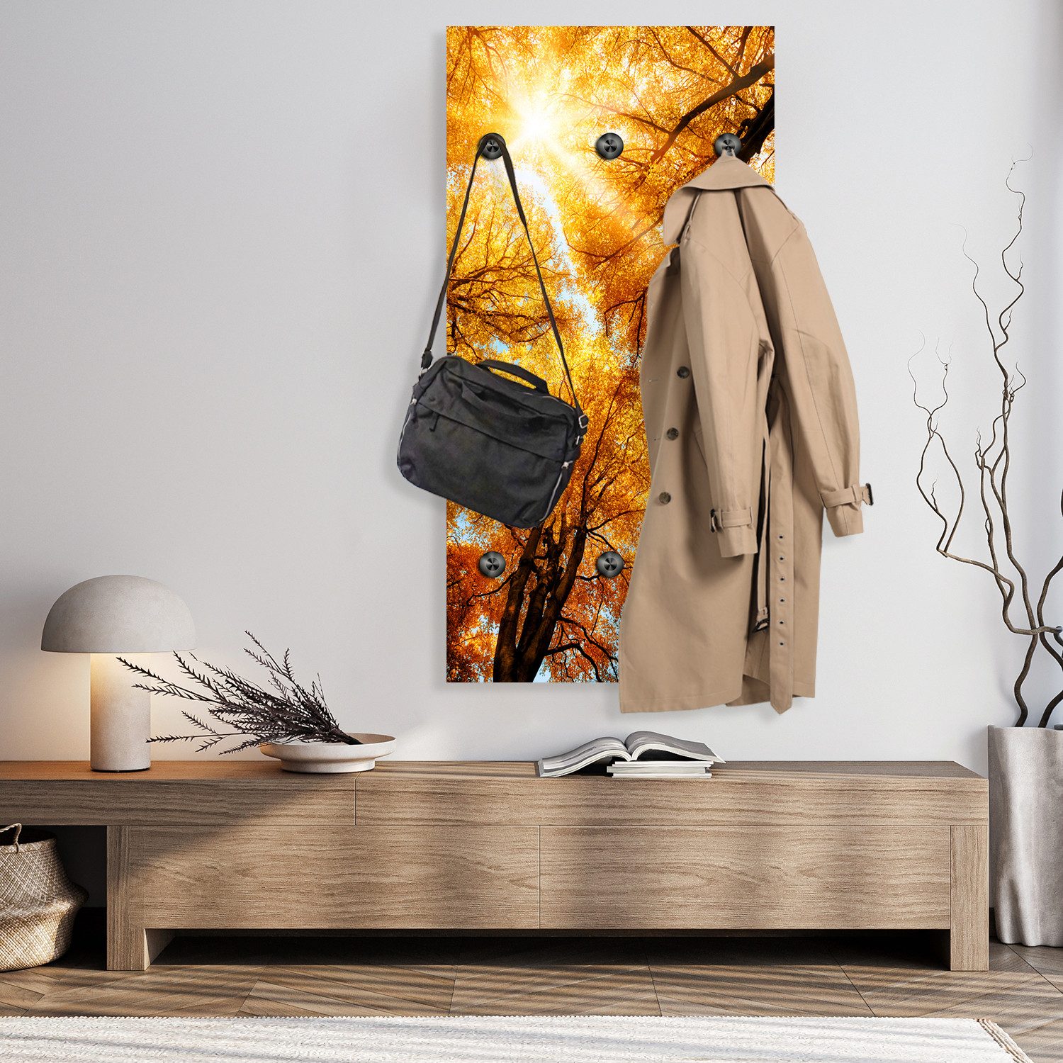 queence Wandgarderobe Herbst Sonnenaufgang im Wald (1 St), Wandpaneel aus Acrylglas inkl. 6 Edelstahlhaken in schwarz matt