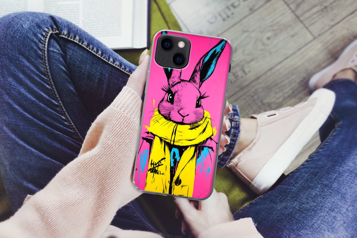 MuchoWow Handyhülle für Apple iPhone 13 Kaninchen - Hellrosa - Schal - Abstrakt, Smartphone-Bumper, Print, Handy Schutzhülle Dünn