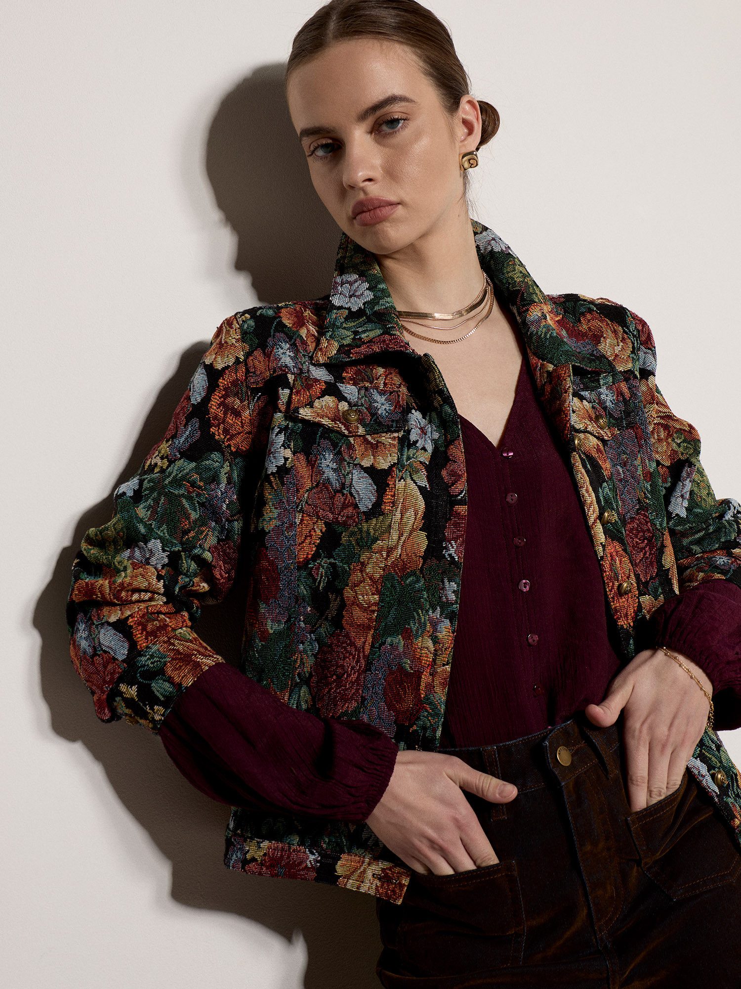Apricot Kurzjacke Blumen-Tapisserie-Jacke Gemustert