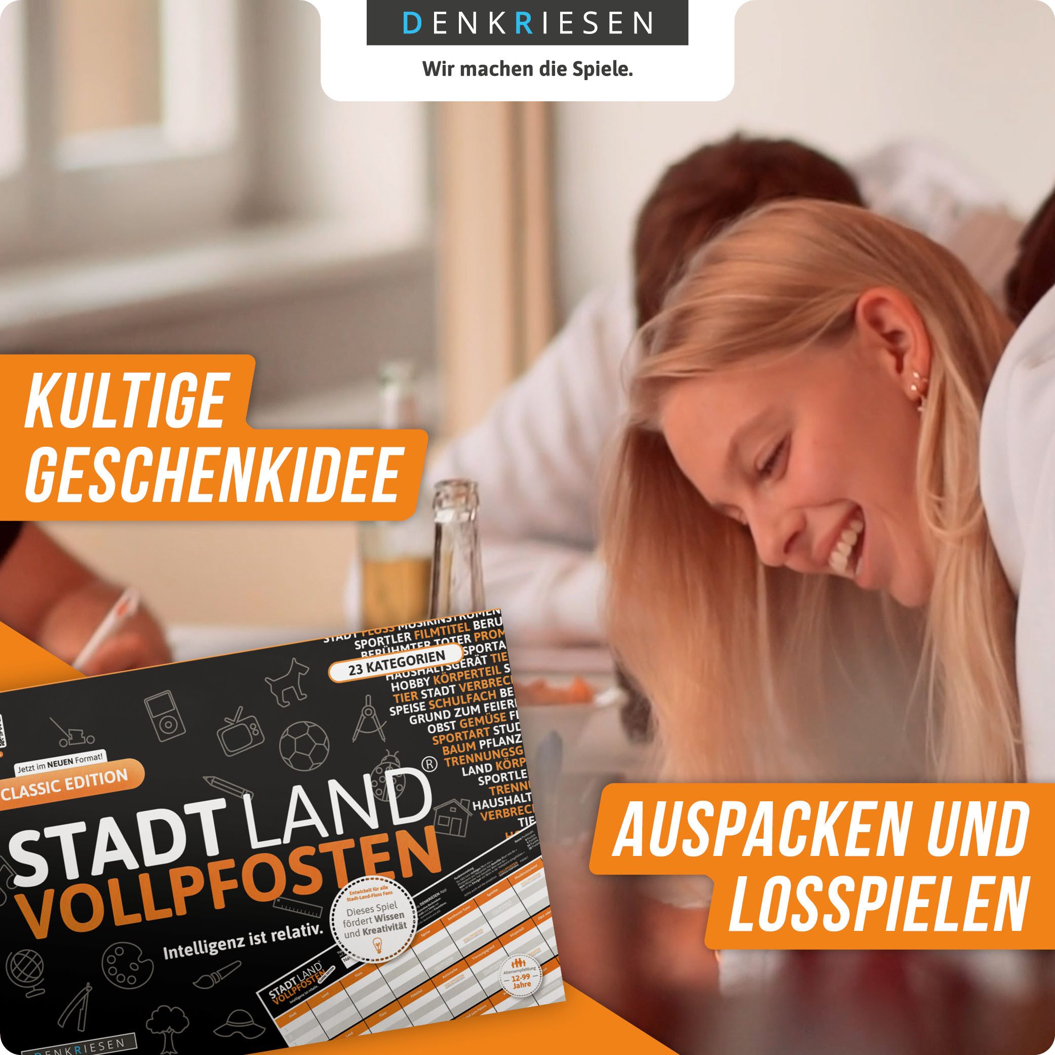 Denkriesen Spiel Stadt Land Vollpfosten, Classic Edition, A4 Block, Familienspiel, Made in Germany