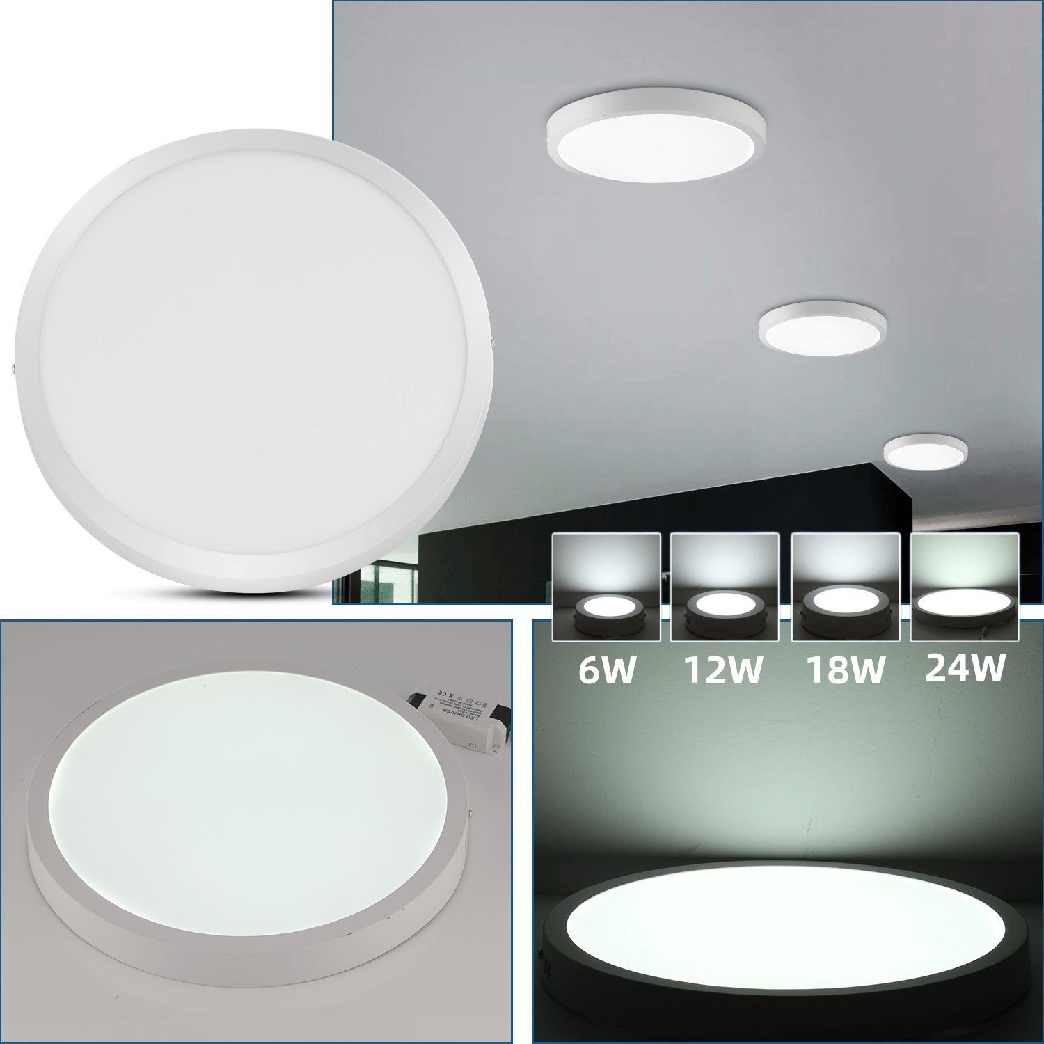 W mm / 6W-24W, LED LED Ultra fest Tageslicht Wohnzimmer Deckenleuchte Deckenlampe integriert, Schlafzimmer 24 für Küche Dünn 300 Flurlampe Flach iscooter Modern Kaltweiß,