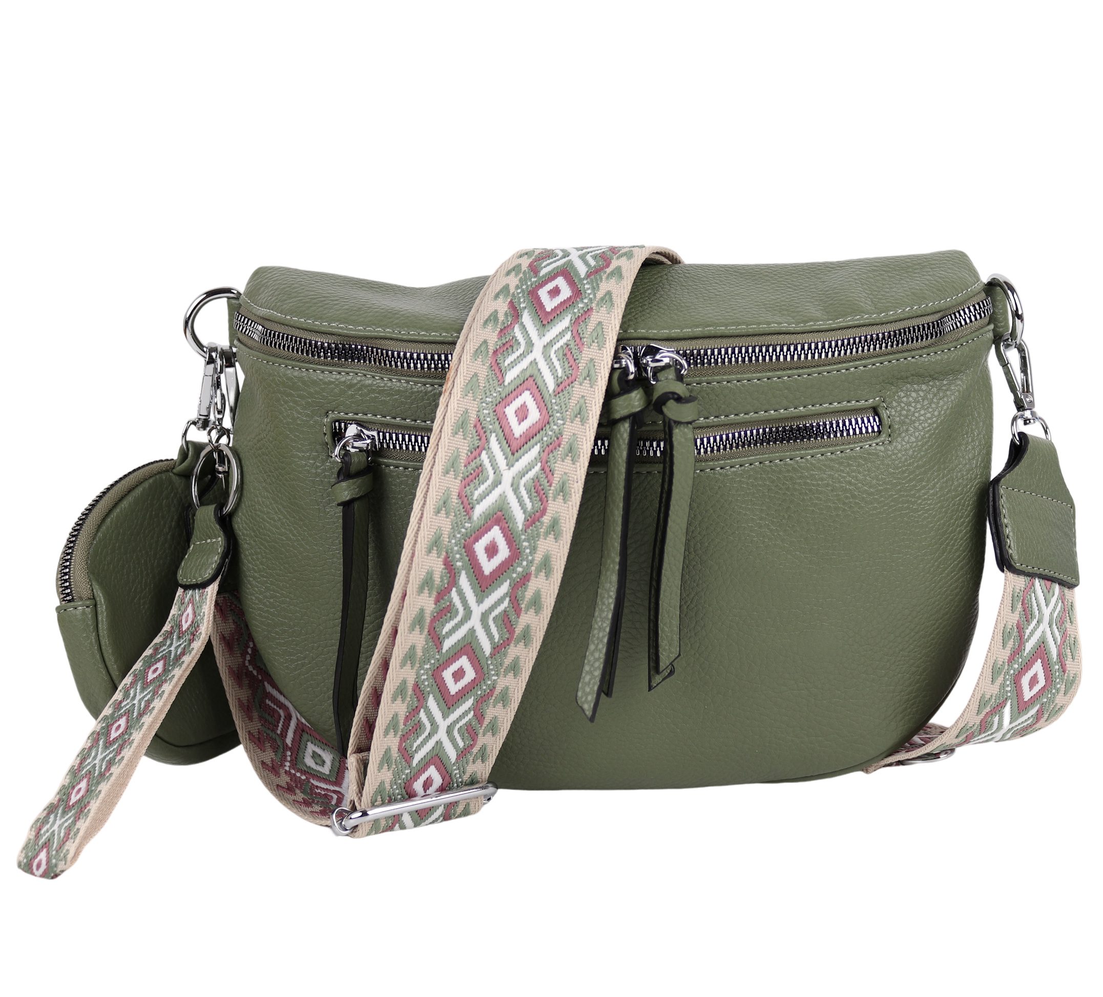 MIRROSI Bauchtasche Damen Taschen, Umhängetasche, Brusttasche, 30x20x9cm Veganes Leder (Schultertasche für jeden Anlass, (dazu 1x Schlüsselband und 1x Münzenbeutel), Crossbody Bag, Bohemian gemusterten& verstellbaren Schulterriemen Khakigrün