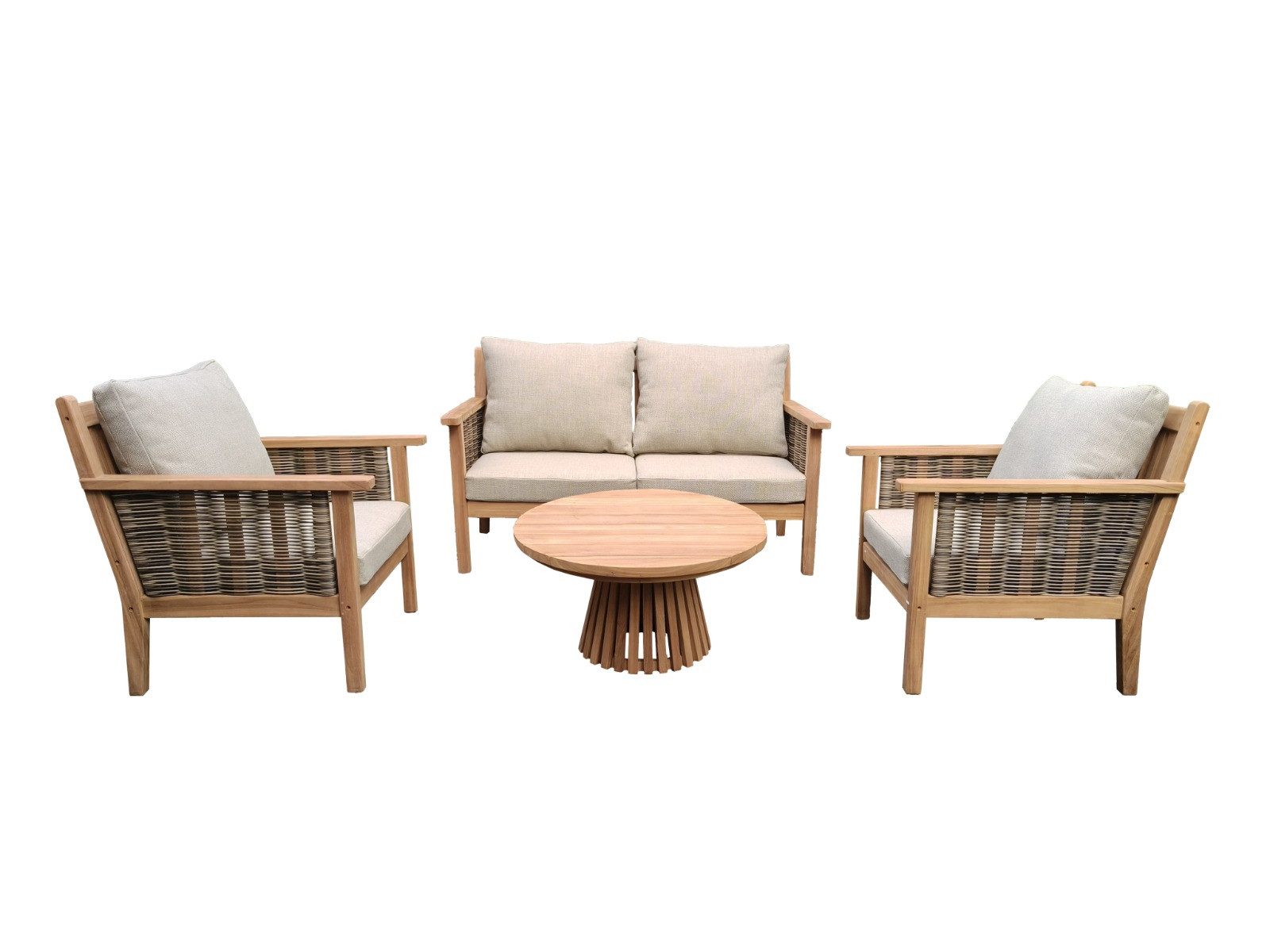Livingfurn Gartenlounge-Set Malaga Teak Holz Bank, 2 x Sessel mit Armlehnen, Tisch, Bestehend aus 2 Sessel, einer Gartenbank einem Tisch und 8 Auflagen