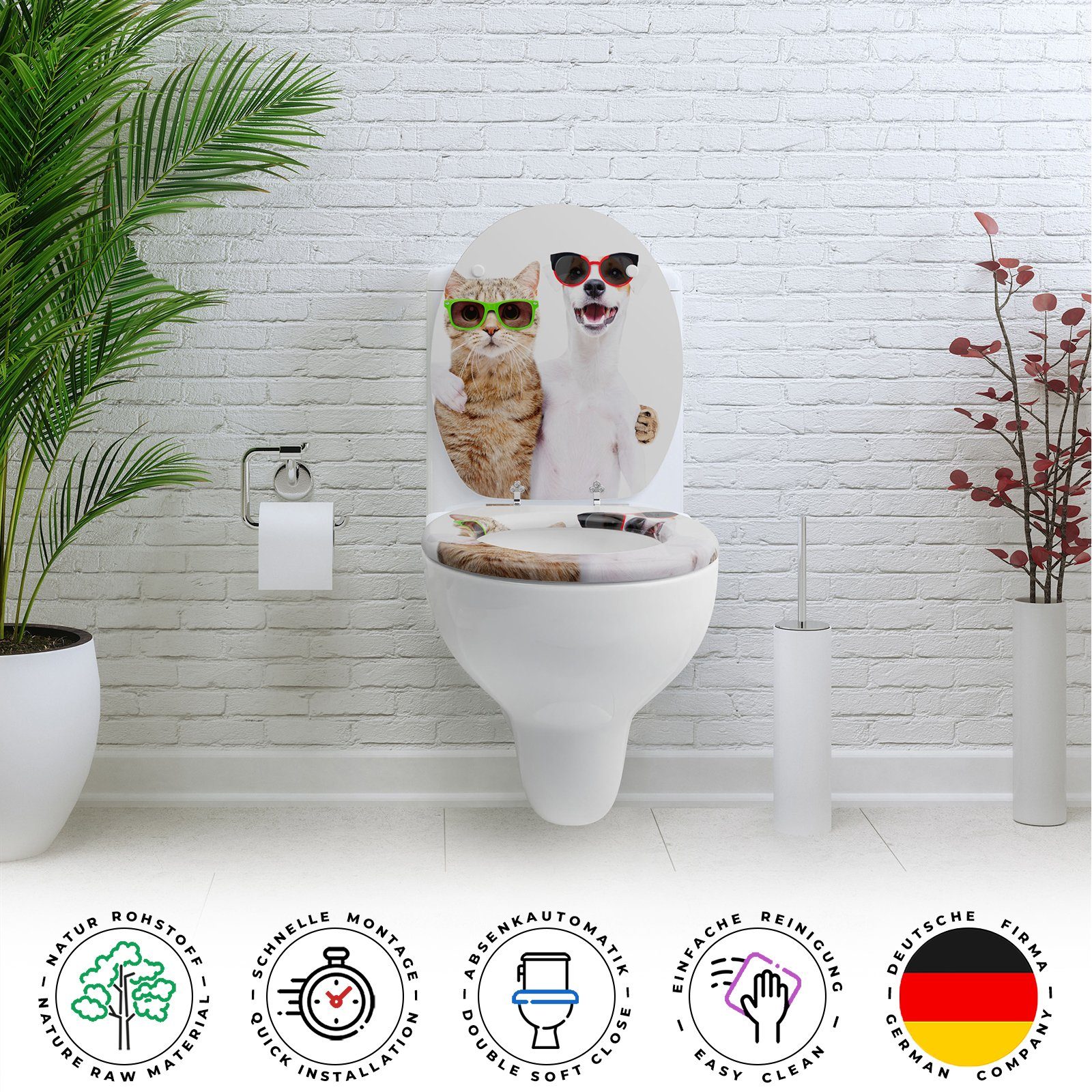 Sanfino WC-Sitz "Cat & Dog" Premium Toilettendeckel mit Absenkautomatik aus Holz, mit schönem Tier-Motiv, hohem Sitzkomfort, einfache Montage – Bild 5 von 5