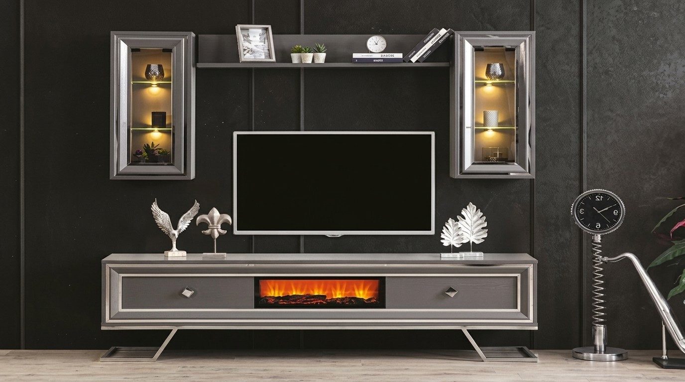 Xlmoebel TV-Ständer TV Möbel Stil modern silberfarben Kamin geräumig praktisch Wohnzimmer, (bis 75 Zoll, Einzelstück, 1-tlg., 1-tlg., Integrierter Kamin-Effekt)