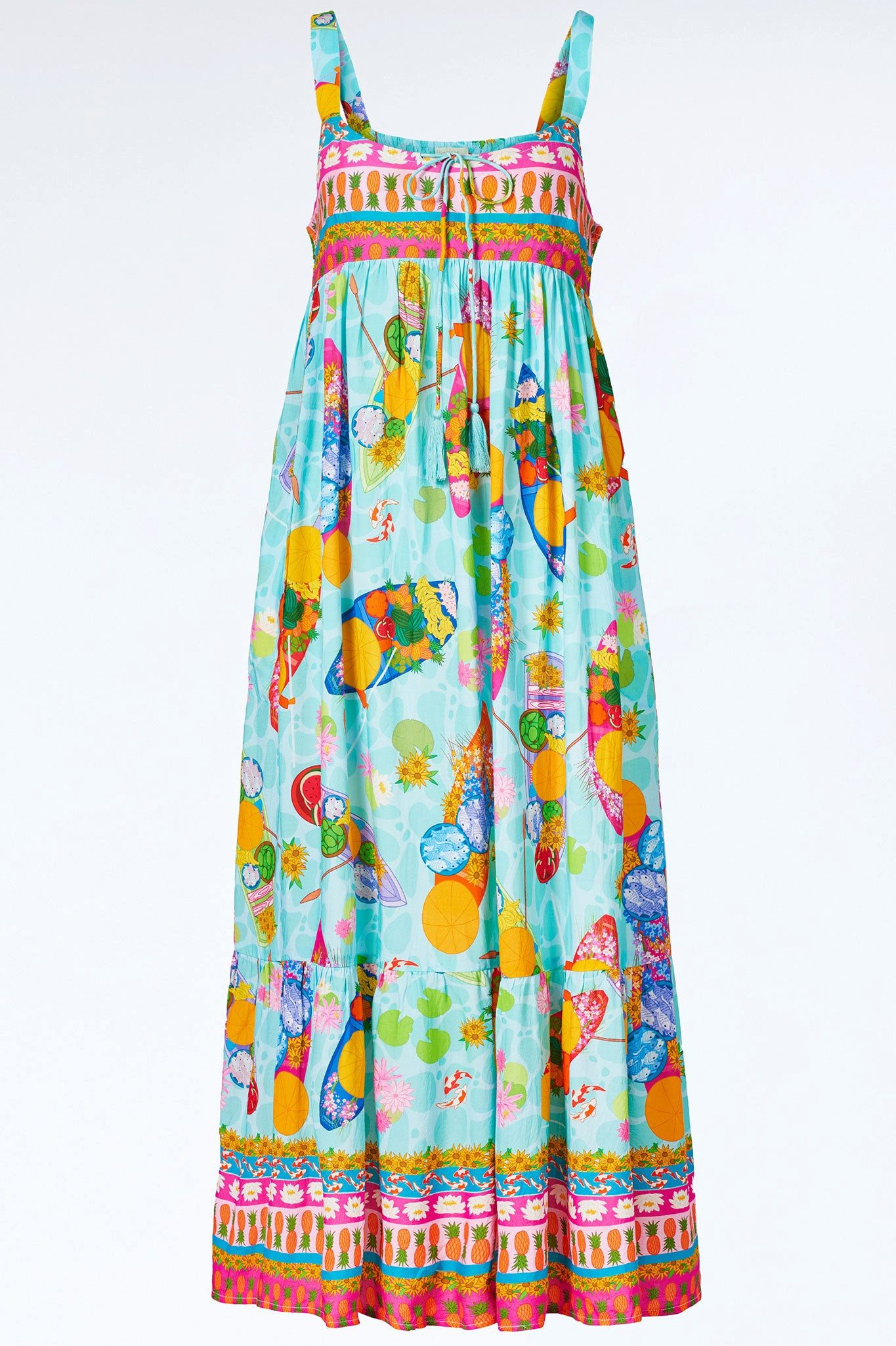 Himalaya Clothing Sommerkleid Kleid Damen mit verspieltem Muster - Edel fallendes Trägerkleid Luftiges Maxikleid atmungsaktiv mit Taschen und verspieltem Print-Mix