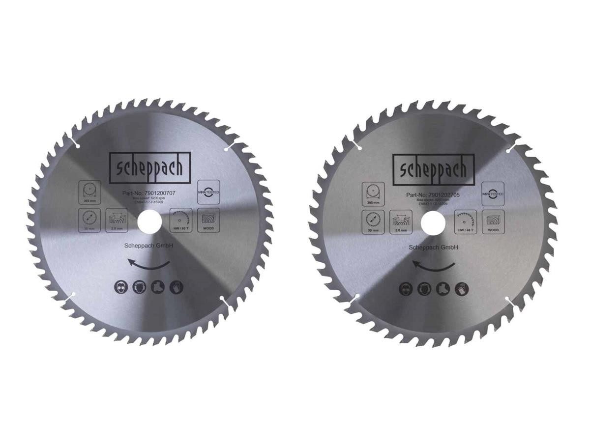 Scheppach Sägeblatt 7901200731 (2-St), Полотна для пилы mit 48 und 60 Hartmetallsägezähne, 305 x 30 x 2,8 x 1,8 mm