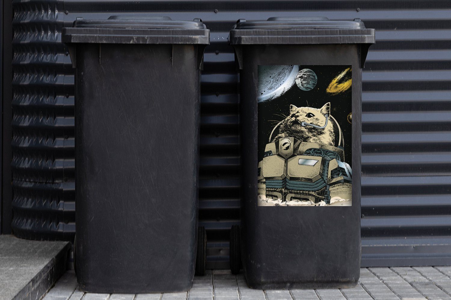 MuchoWow Wandsticker Katze - - Weltraum Planet St), Container, (1 Sticker, Mülleimer-aufkleber, Mülltonne, Abfalbehälter