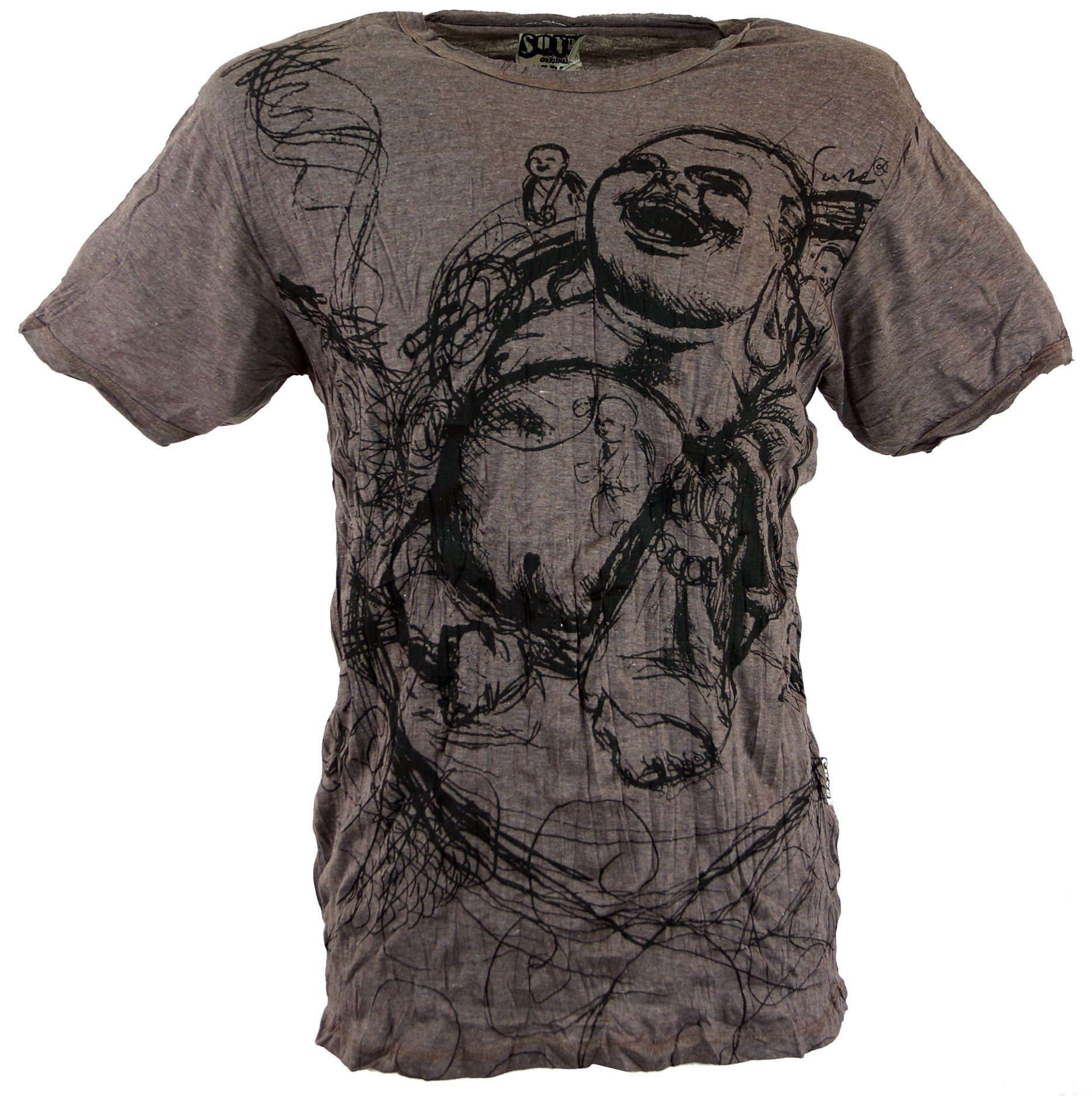 Guru-Shop T-Shirt Sure T-Shirt Happy Buddha - taupe Goa Style, Festival, alternative Bekleidung | T-Shirts