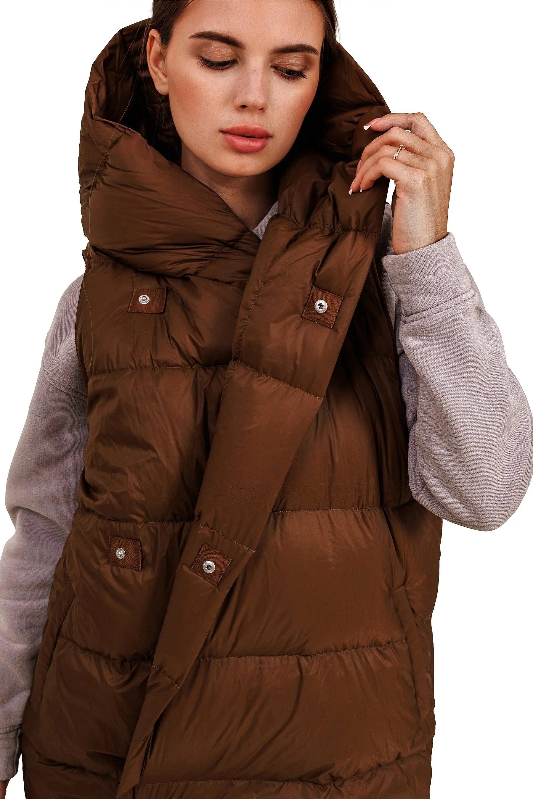 JNBY Daunenweste Damen lange Daunenweste mit Kapuze Frühlingsweste bronze warm