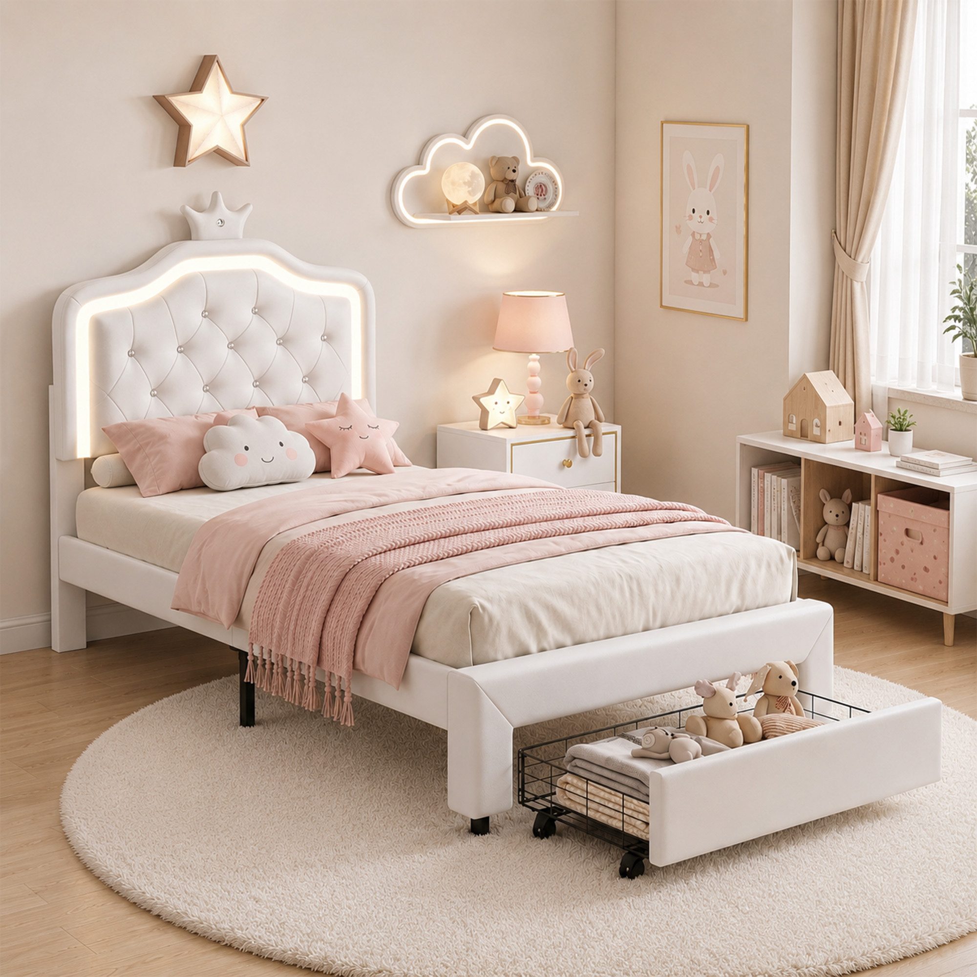 Simurq Prinzessinbett Prinzessinnenbett 90x200, Kinder-Polsterbett, Einzelbett (Bett mit höhenverstellbarem Kopfteil, Kinderbett Rosa oder Weiß), Mädchenbett mit Kronen-Kopfteil, Schublade, LED-System und Lattenrost