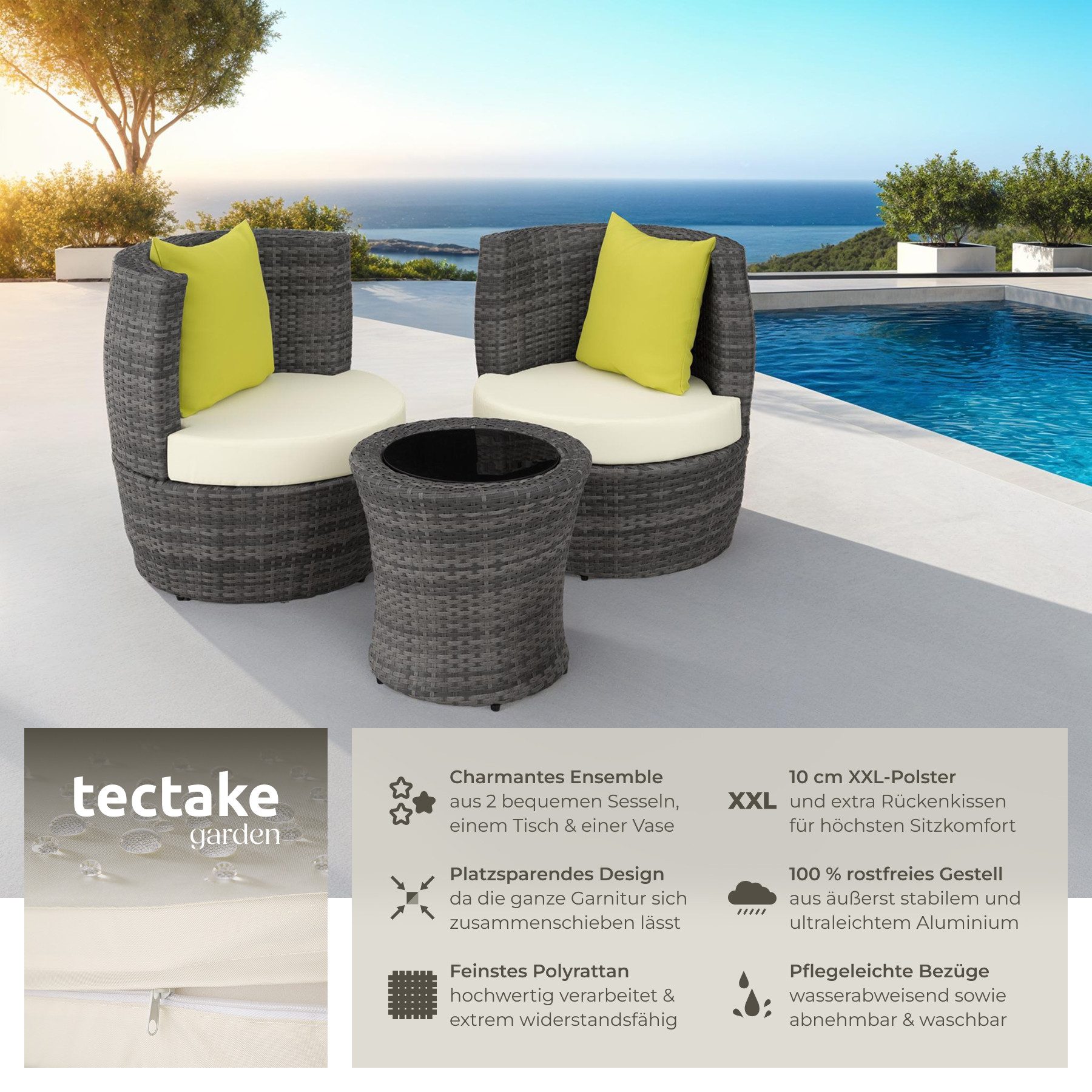 tectake Sitzgruppe Aluminium Rattan Gartenlounge, stapelbar, mit Sicherheitsglasplatte, (Loungeset Nizza, 4-tlg., für Außen in Grau), wetterfest und UV-beständig, gepolstert, inklusive Vase und Kissen