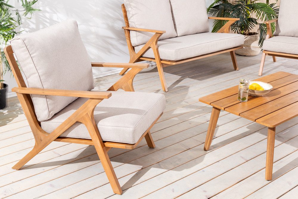 riess-ambiente Loungeset COMFORT LINE natur/beige - Akazie, Massiv, Outdoor-Stoff, wetterfest, (Set, 4-tlg., Gartensofa, 2x Gartensessel, Gartentisch), Pflegeleichte & langlebige Gartenmöbel - ideal f. Balkon oder Terrasse