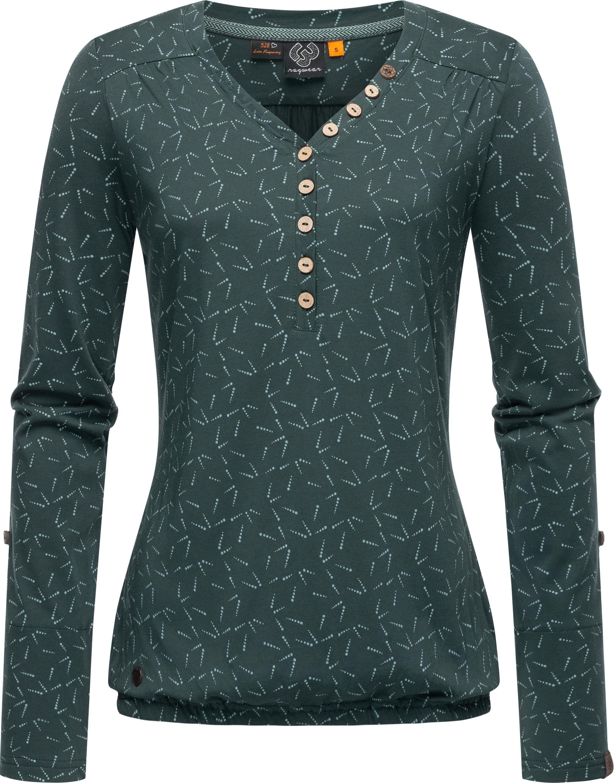 Ragwear Langarmshirt Pinchi Dots Stylisches Damen Longsleeve mit Knöpfen dunkelgrün