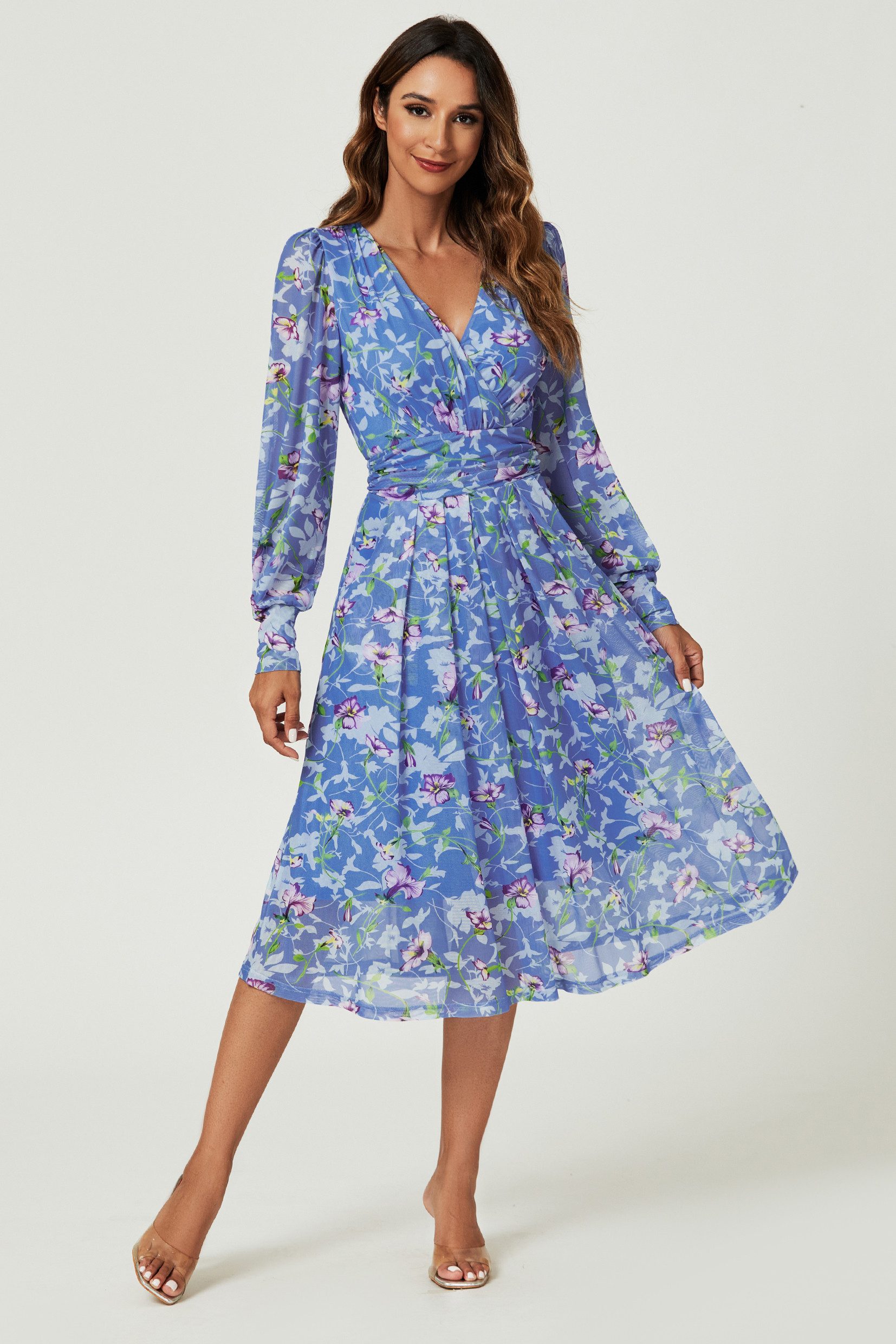 FS Collection Sommerkleid Damen Sommerkleid Midikleid Hellblau Geblümt Langarm Mesh (XS (EU:36 / UK:8) · S (EU:38 / UK:10) · M (EU:40 / UK:12) · L (EU:42 / UK:14) · XL (EU:44 / UK:16) Blumenmuster, Mesh-Einsatz, asymmetrischer Saum, Taschen