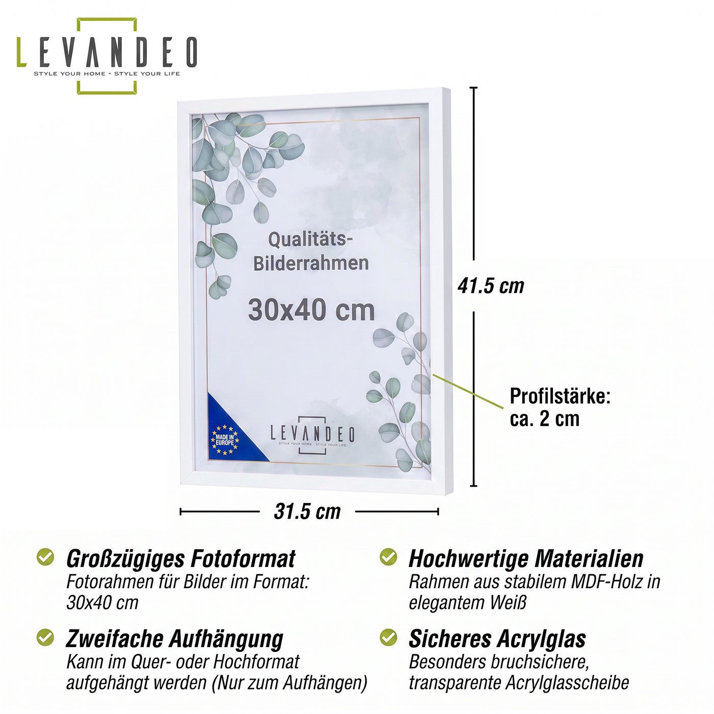 Levandeo® Bilderrahmen, Bilderrahmen 30x40 Weiß MDF Holz Fotorahmen Posterrahmen Poster