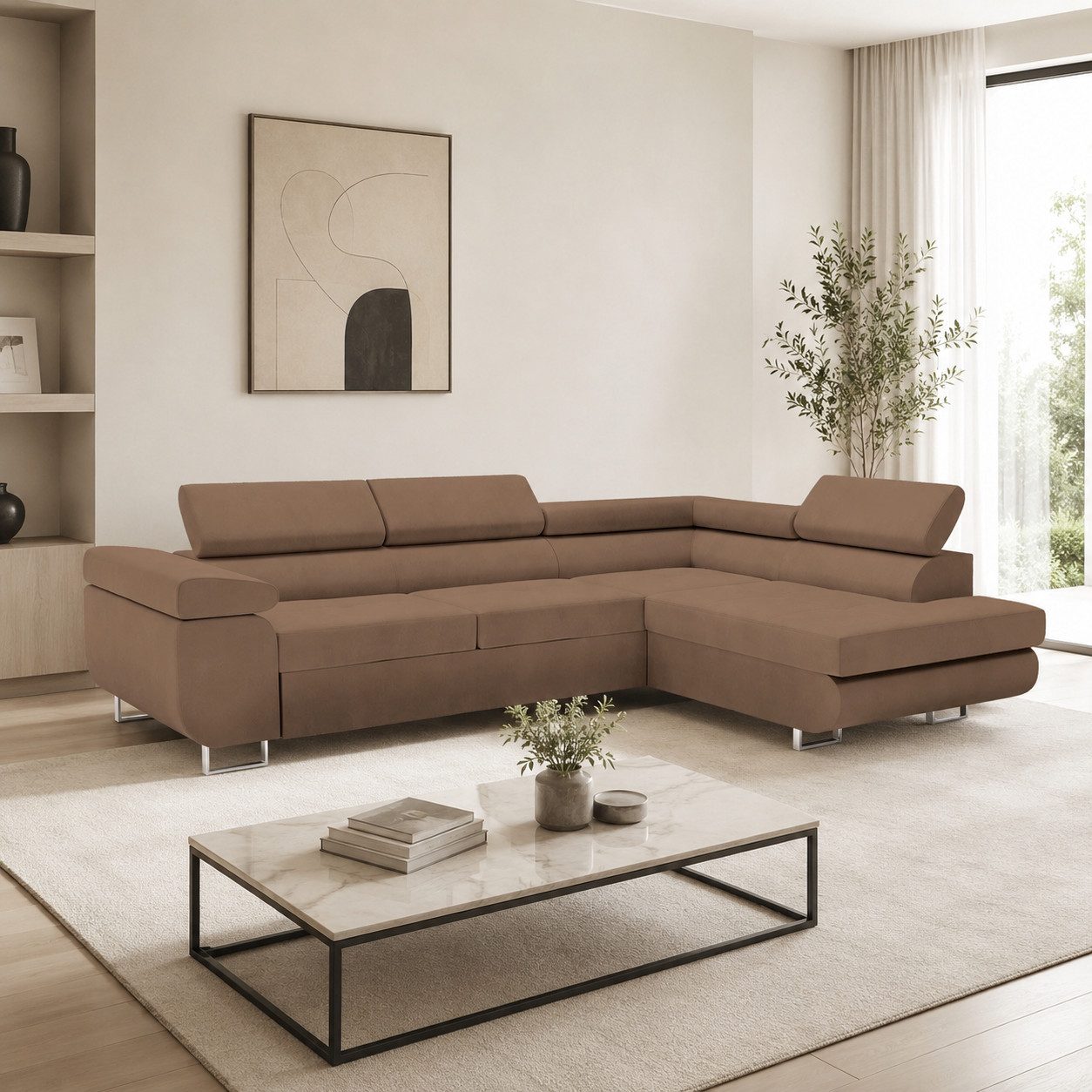 Goldstoff Ecksofa mit Schlaffunktion & Bettkasten - hochwertiges Sofa, Couch mit Schlaffunktion für Wohnzimmer - Schlafsofa - Eckcouch, Eckcouch mit praktischem Bettkasten in braun
