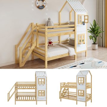 XDeer Kinderbett Etagenbett mit Handlauf und Fenster, Hausbett 90x200cm, mit Fallschutz und Gitter, Rahmen aus Kiefer, Weiß+Natur