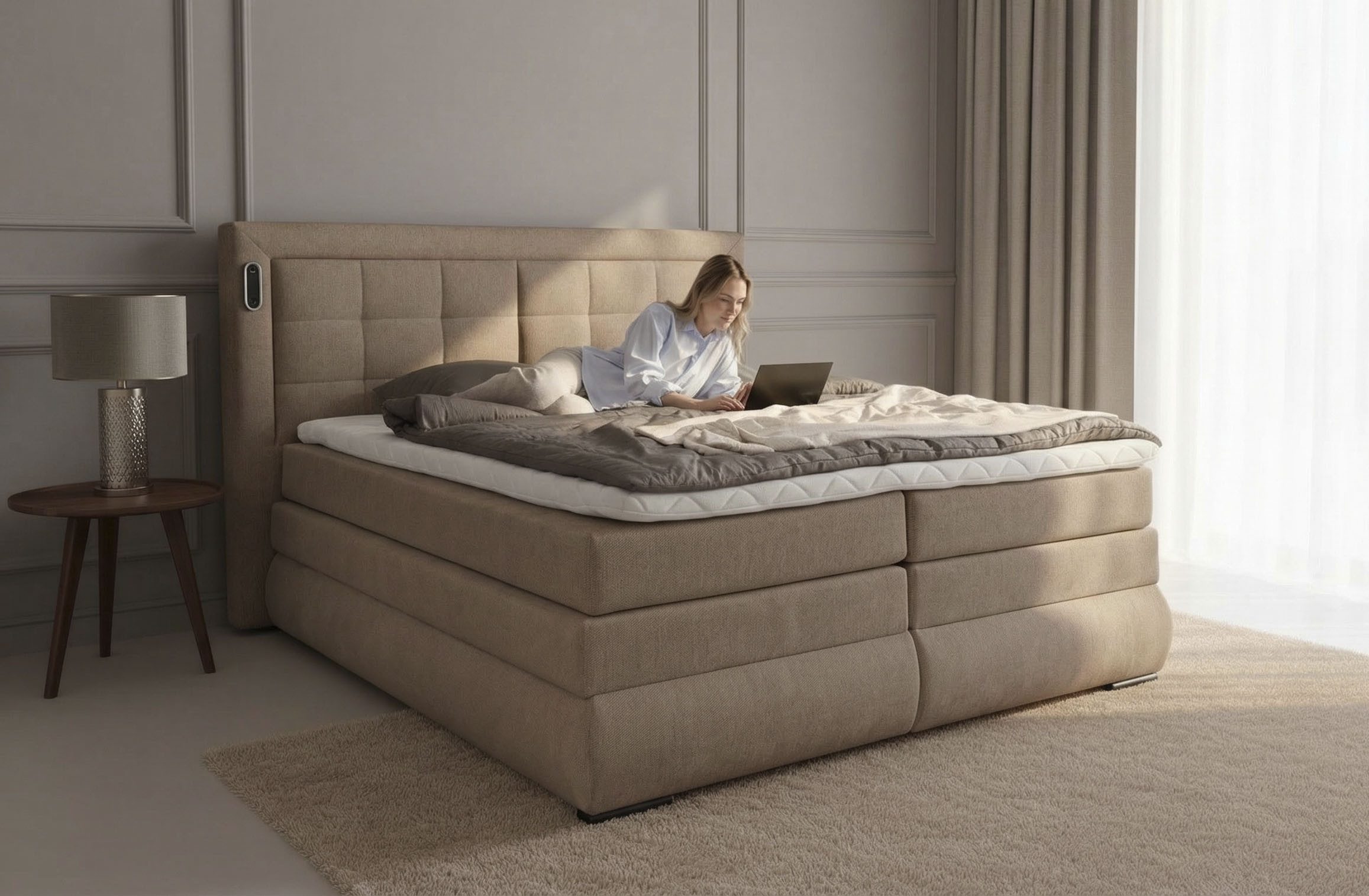 OTTO home Boxspringbett MIVVA mit Bettkasten, mit Taschenfederkernmatratze H3, H3/H4 mix, H4 (mit hochwertigem Strukturstoff, wahlweise mit LED-Leuchten), mit K – Bild 5 von 5