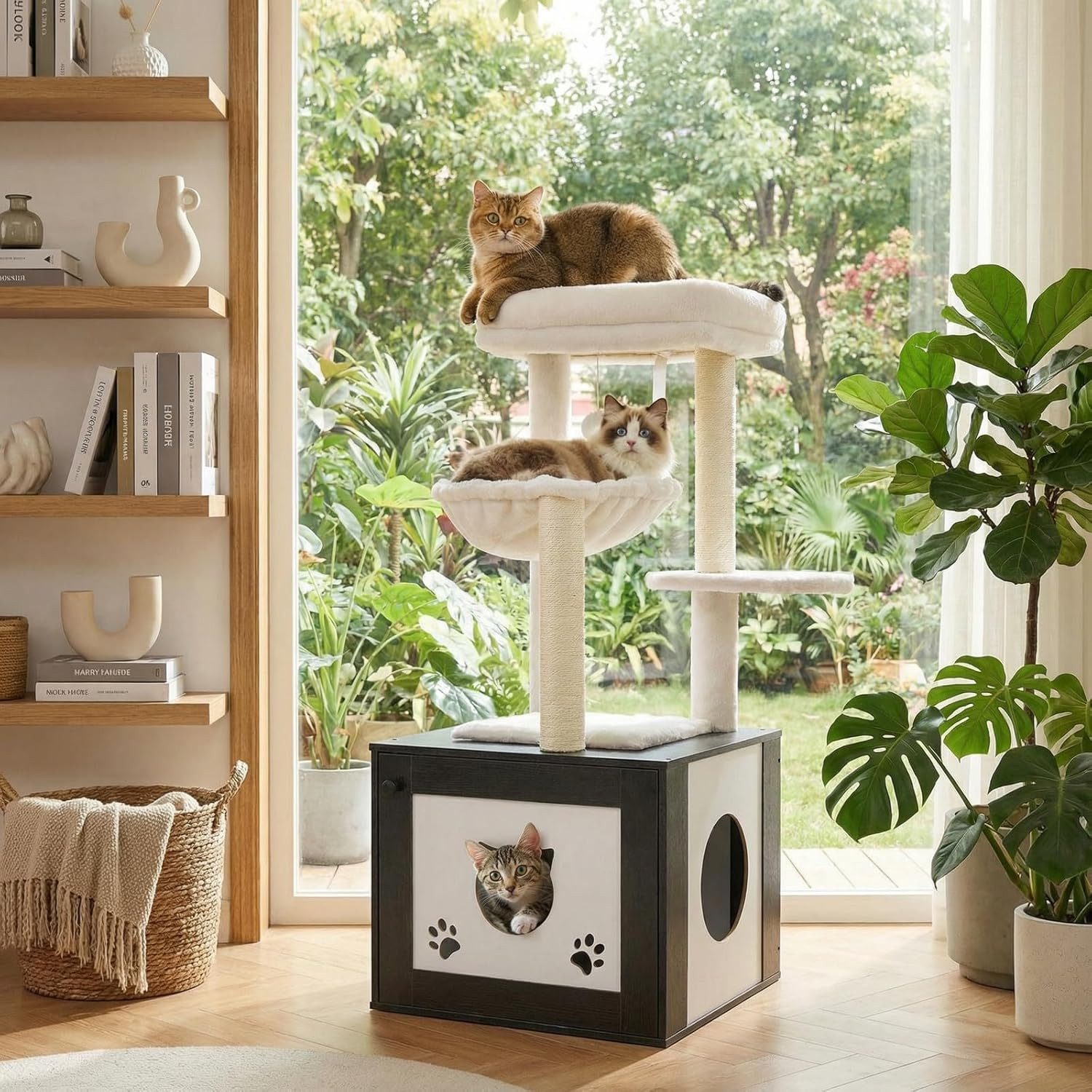 TLGREEN Kratzbaum mit Katzenkloschrank,3-in-1 Katzenmöbel, 119 cm Hoch Kratzbaum Holz,Waschbare Plüschkissen