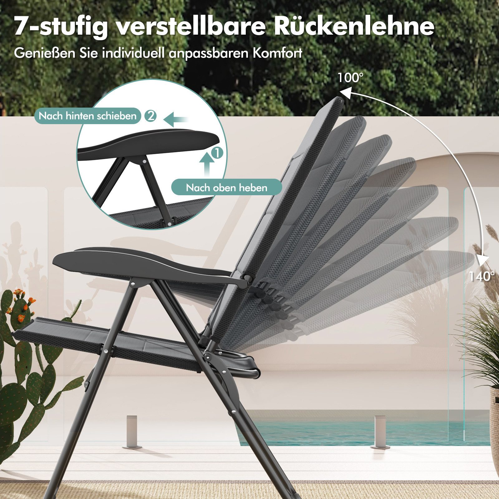 KOMFOTTEU Klappstuhl (2 St), Gartenstühle klappbar mit hocher & Verstellbarer rückenlehne